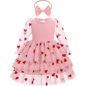 imageIDOPIP Toddler Baby Girls Tutu Dress with Headband Strawberry Butterfly Birthday Outfit Infant Pageant Tiered Tulle DressesPink Heart