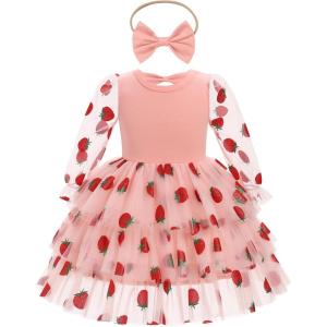 imageIDOPIP Toddler Baby Girls Tutu Dress with Headband Strawberry Butterfly Birthday Outfit Infant Pageant Tiered Tulle DressesPink Strawberry