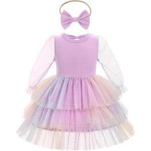 imageIDOPIP Toddler Baby Girls Tutu Dress with Headband Strawberry Butterfly Birthday Outfit Infant Pageant Tiered Tulle DressesPurple Sequin