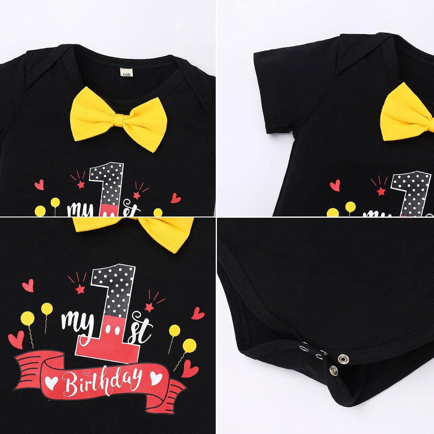 imageIDOPIP Baby Boys First Birthday Party Cake Smash Outfit Bowtie Romper Suspenders Pants Set with Mouse Ear Headband OutfitBlack 1st Birthday  One 2