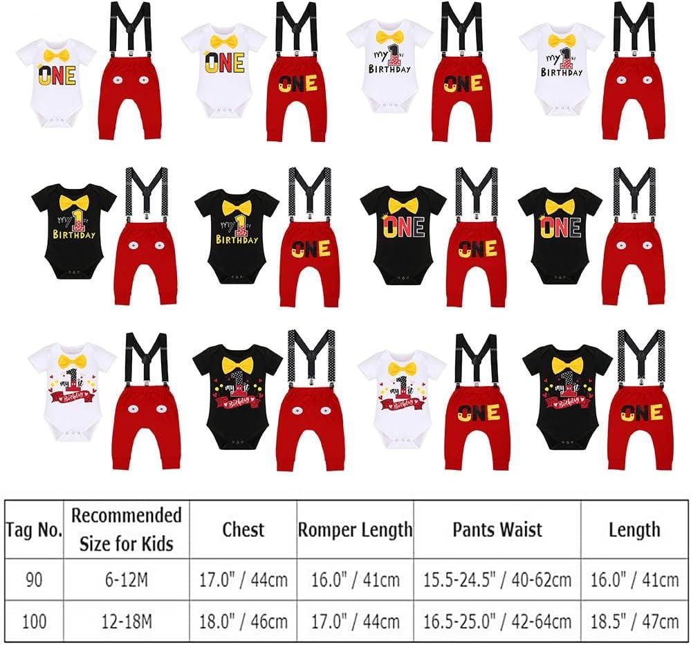 imageIDOPIP Baby Boys First Birthday Party Cake Smash Outfit Bowtie Romper Suspenders Pants Set with Mouse Ear Headband OutfitBlack 1st Birthday  One 2