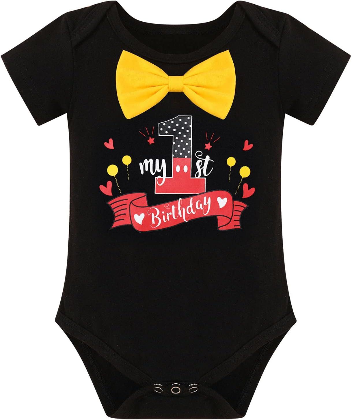imageIDOPIP Baby Boys First Birthday Party Cake Smash Outfit Bowtie Romper Suspenders Pants Set with Mouse Ear Headband OutfitBlack 1st Birthday  One 2