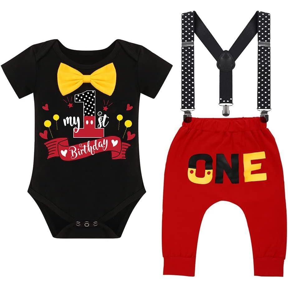imageIDOPIP Baby Boys First Birthday Party Cake Smash Outfit Bowtie Romper Suspenders Pants Set with Mouse Ear Headband OutfitBlack 1st Birthday  One 2