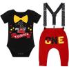 imageIDOPIP Baby Boys First Birthday Party Cake Smash Outfit Bowtie Romper Suspenders Pants Set with Mouse Ear Headband OutfitBlack 1st Birthday  One 2