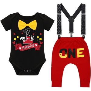 imageIDOPIP Baby Boys First Birthday Party Cake Smash Outfit Bowtie Romper Suspenders Pants Set with Mouse Ear Headband OutfitBlack 1st Birthday  One 2