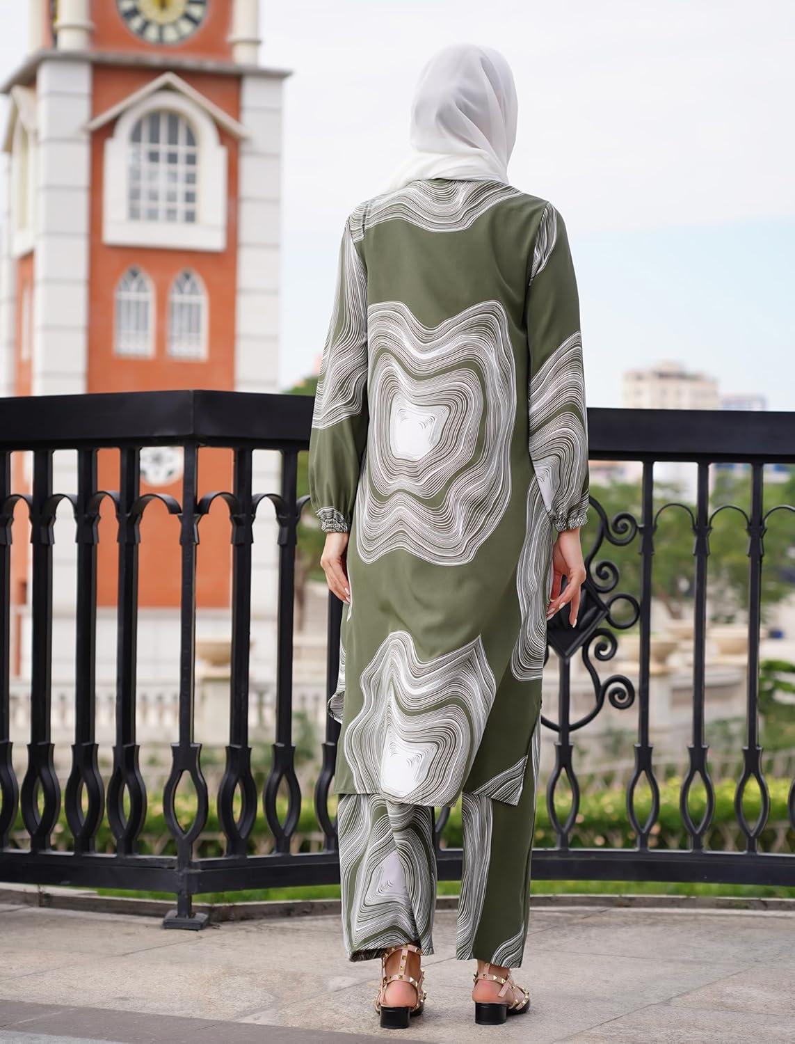 imageIDOPIP Abaya Dress for Women Muslim Set Long Sleeve Chiffon Islamic Dress Shirt with Pants 2PCS Dubai Prayer Casual ClothesGreen Print