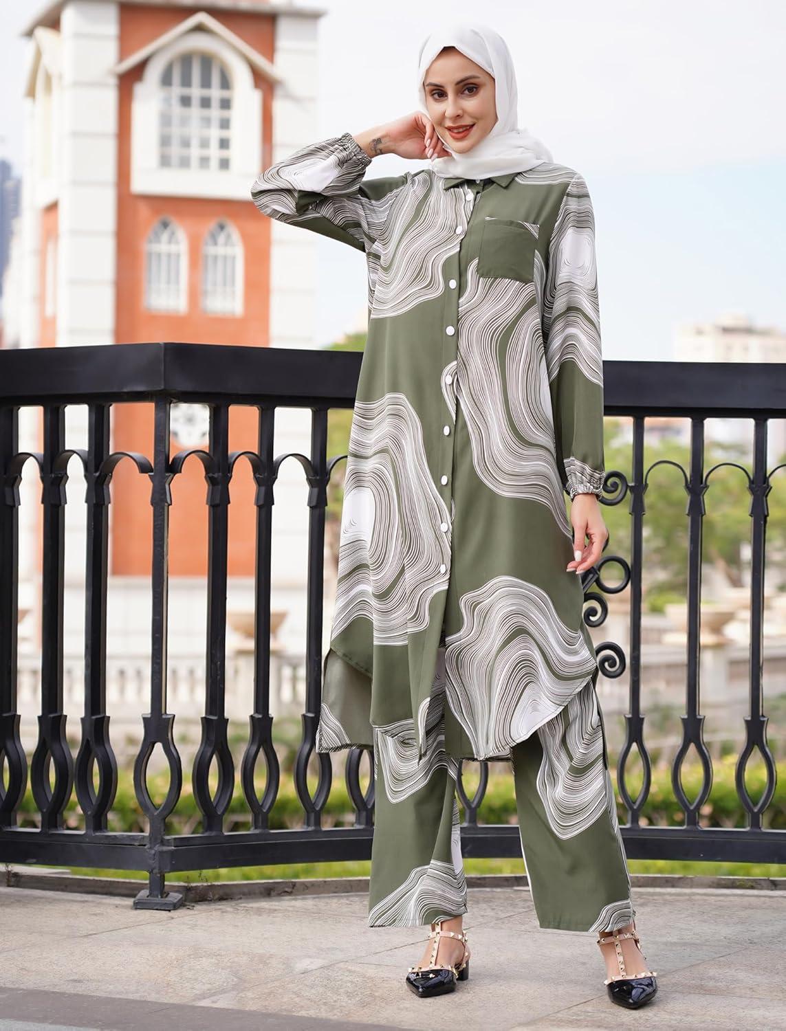 imageIDOPIP Abaya Dress for Women Muslim Set Long Sleeve Chiffon Islamic Dress Shirt with Pants 2PCS Dubai Prayer Casual ClothesGreen Print