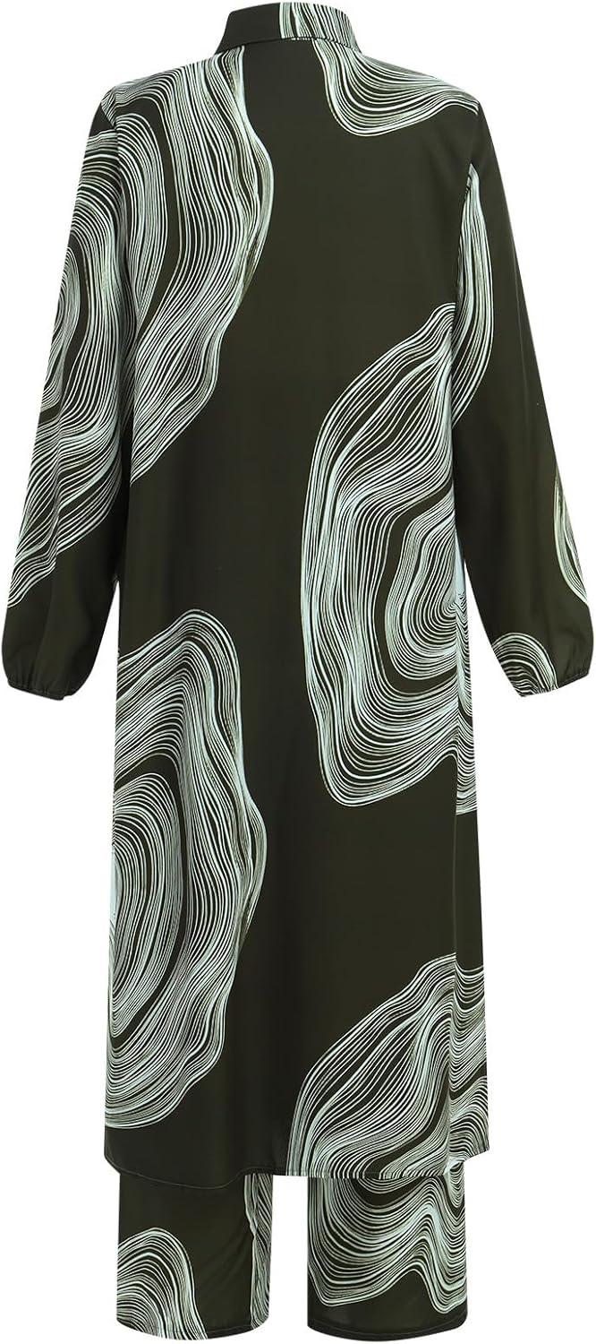 imageIDOPIP Abaya Dress for Women Muslim Set Long Sleeve Chiffon Islamic Dress Shirt with Pants 2PCS Dubai Prayer Casual ClothesGreen Print