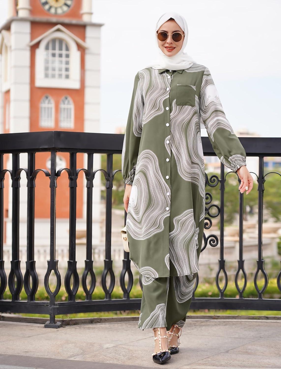 imageIDOPIP Abaya Dress for Women Muslim Set Long Sleeve Chiffon Islamic Dress Shirt with Pants 2PCS Dubai Prayer Casual ClothesGreen Print