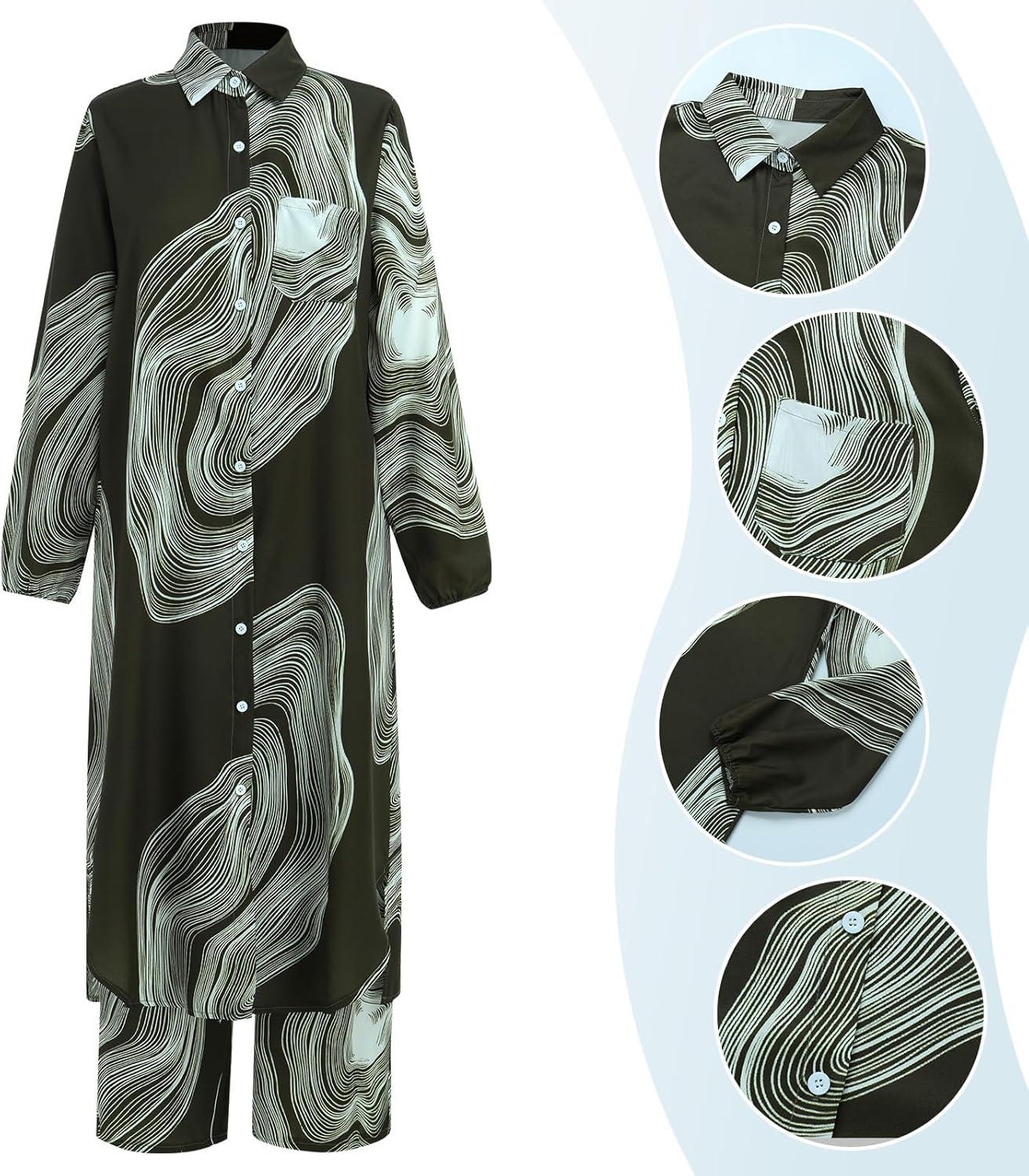 imageIDOPIP Abaya Dress for Women Muslim Set Long Sleeve Chiffon Islamic Dress Shirt with Pants 2PCS Dubai Prayer Casual ClothesGreen Print