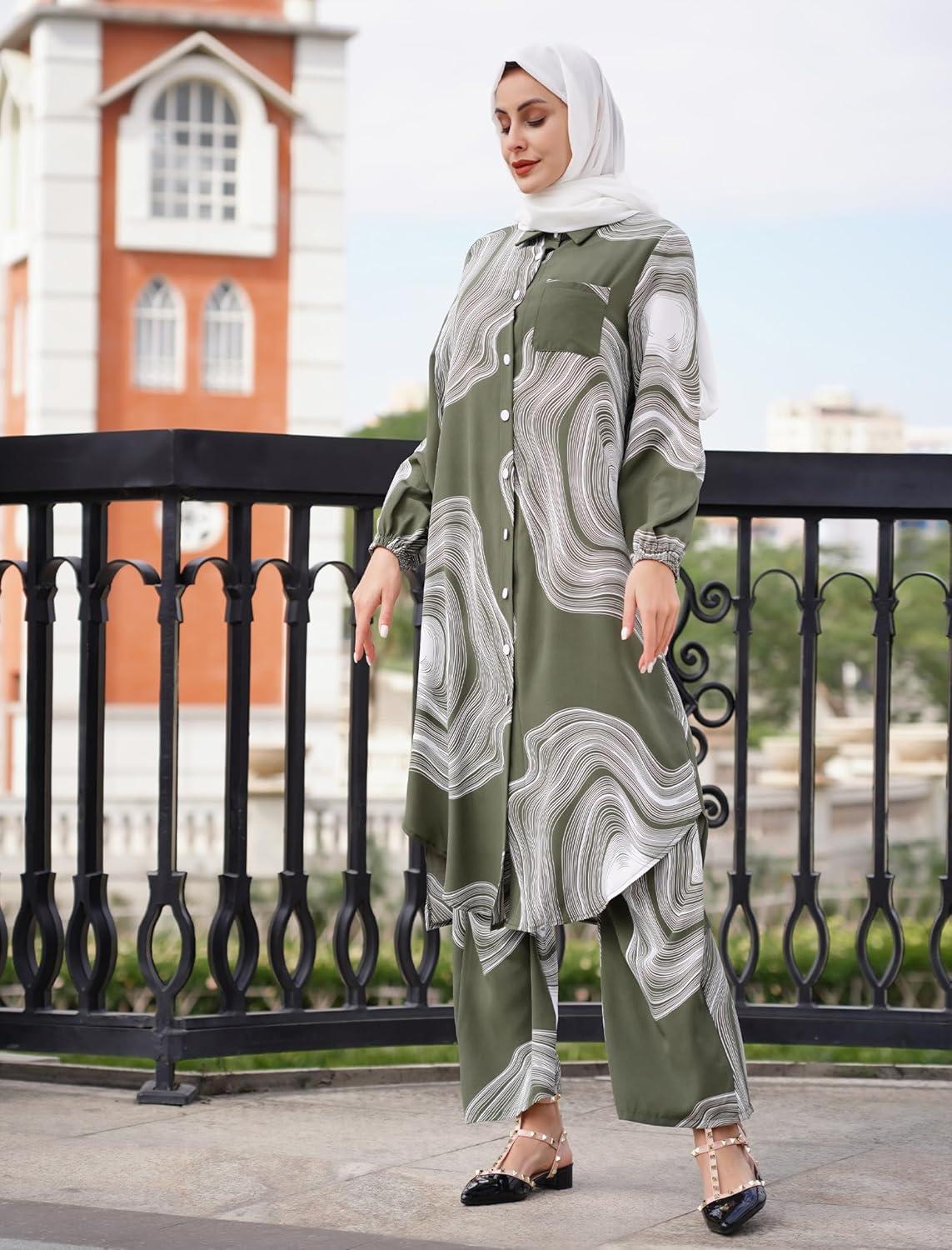 imageIDOPIP Abaya Dress for Women Muslim Set Long Sleeve Chiffon Islamic Dress Shirt with Pants 2PCS Dubai Prayer Casual ClothesGreen Print
