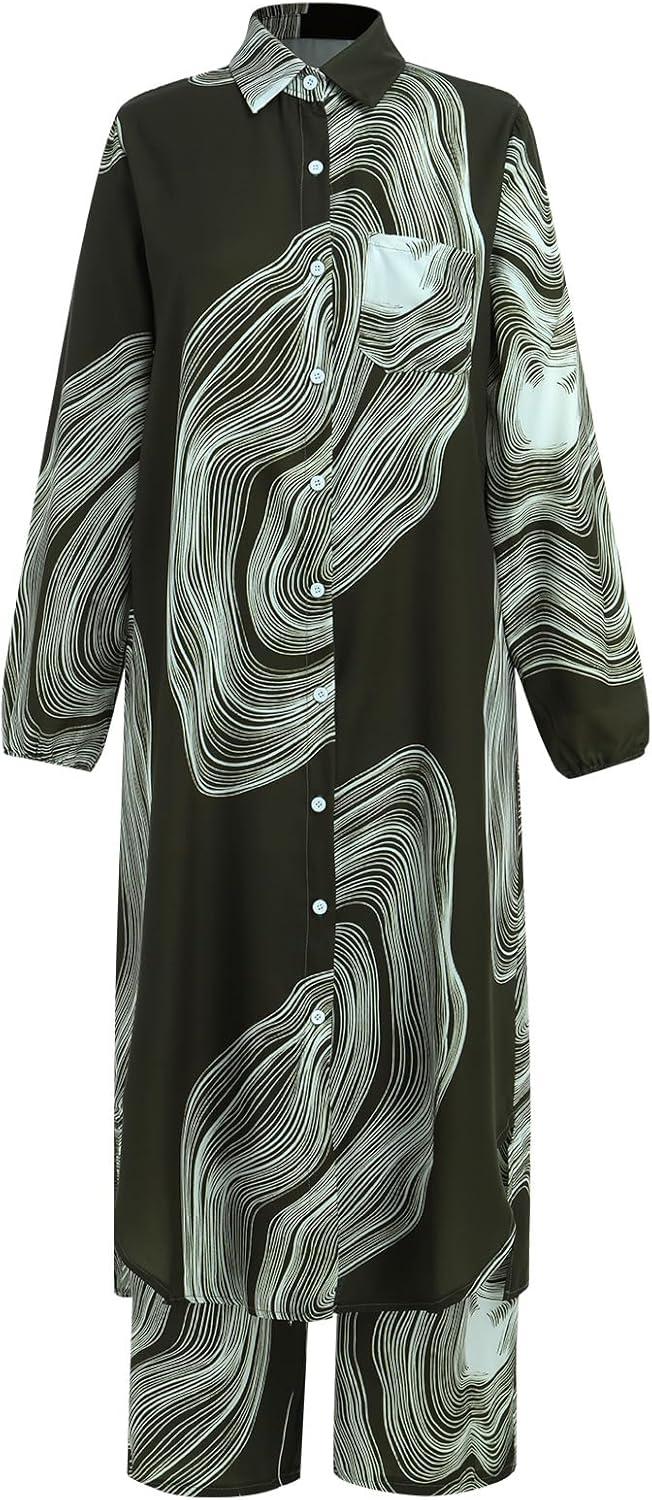 imageIDOPIP Abaya Dress for Women Muslim Set Long Sleeve Chiffon Islamic Dress Shirt with Pants 2PCS Dubai Prayer Casual ClothesGreen Print