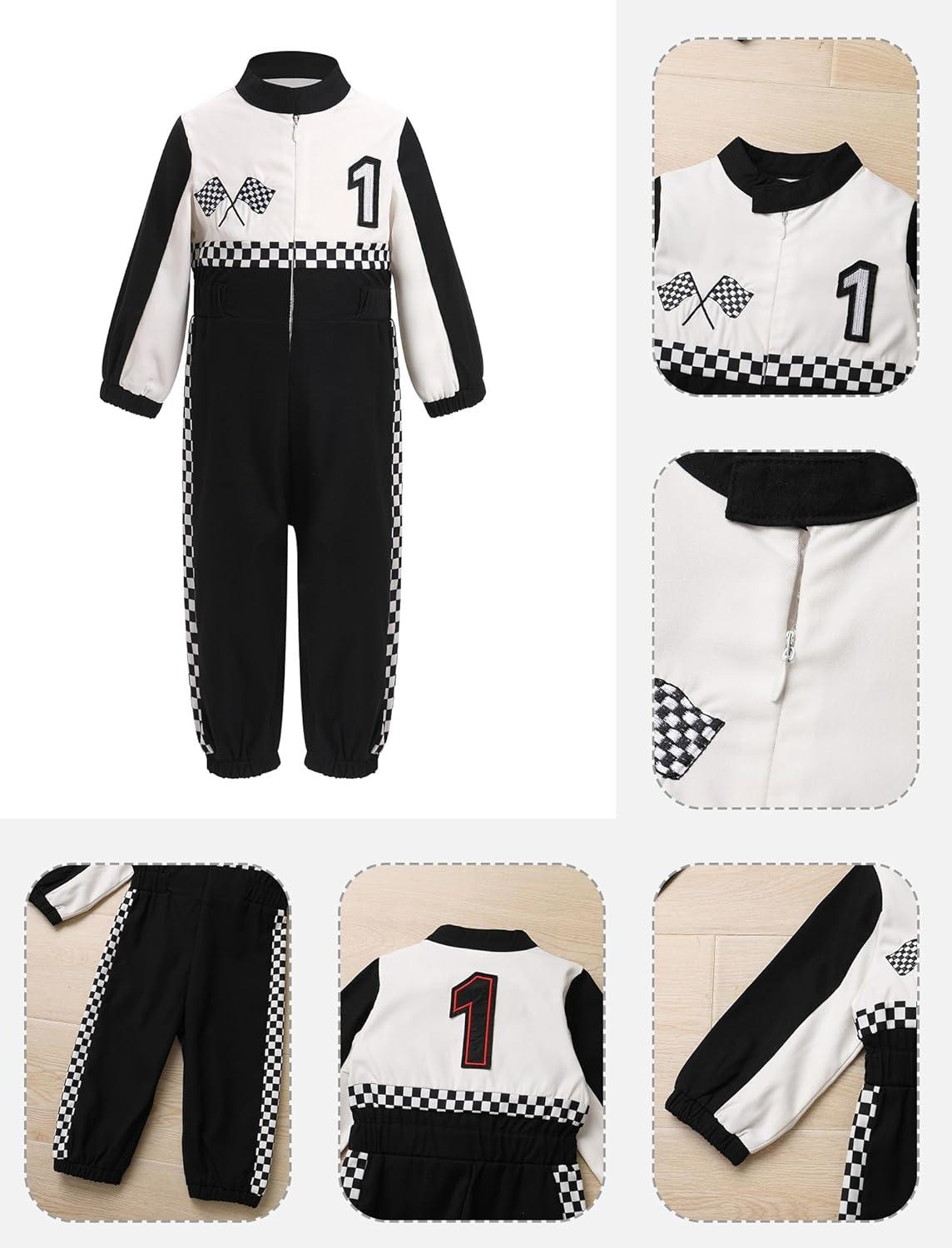 imageIDOPIP Baby Boys 1st 2nd Birthday Outfit Race Car Driver Romper Girls Racer Jumpsuit Kids Racing Suit Toddler Dress up OutfitBlack 1