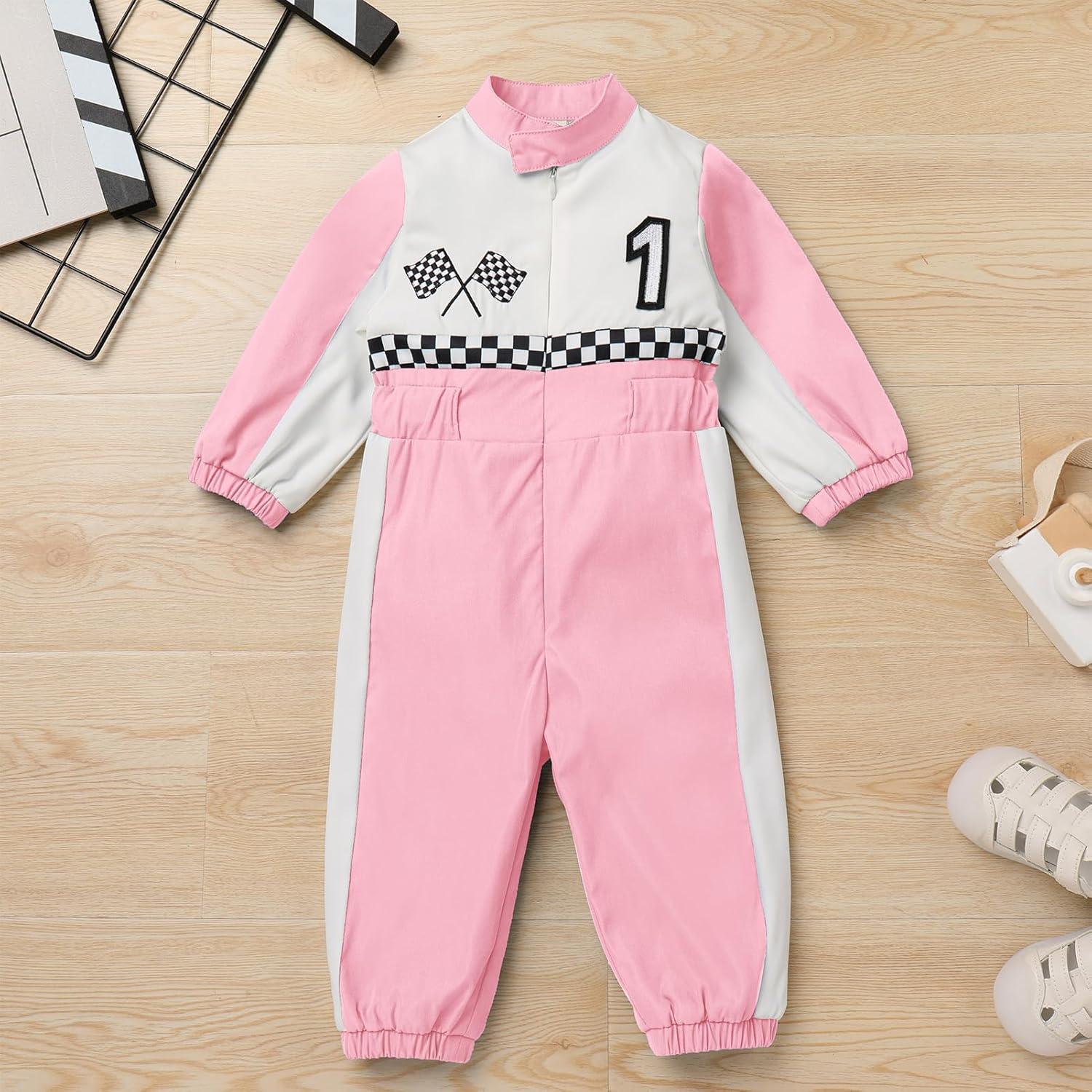 imageIDOPIP Baby Boys 1st 2nd Birthday Outfit Race Car Driver Romper Girls Racer Jumpsuit Kids Racing Suit Toddler Dress up OutfitPink 1