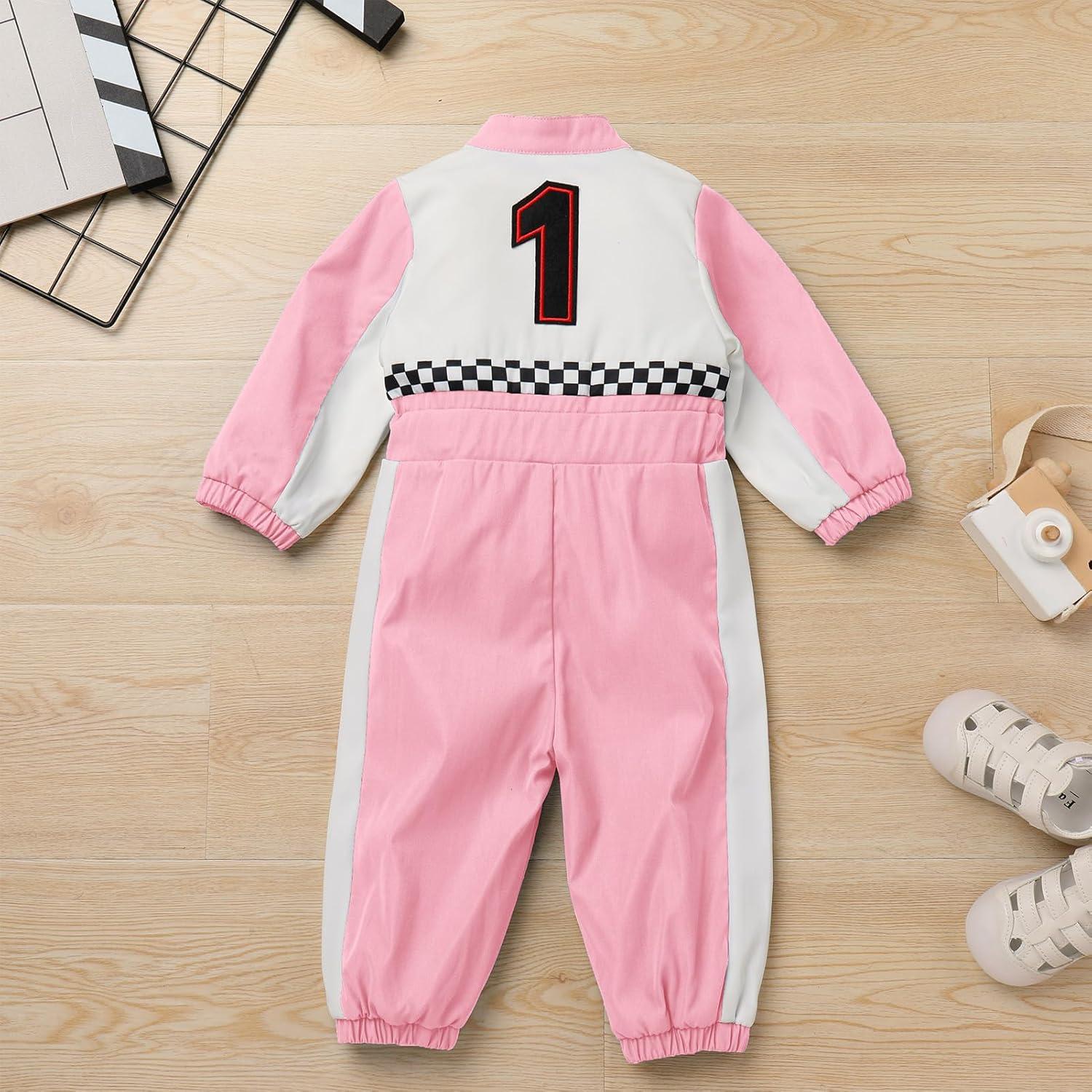 imageIDOPIP Baby Boys 1st 2nd Birthday Outfit Race Car Driver Romper Girls Racer Jumpsuit Kids Racing Suit Toddler Dress up OutfitPink 1