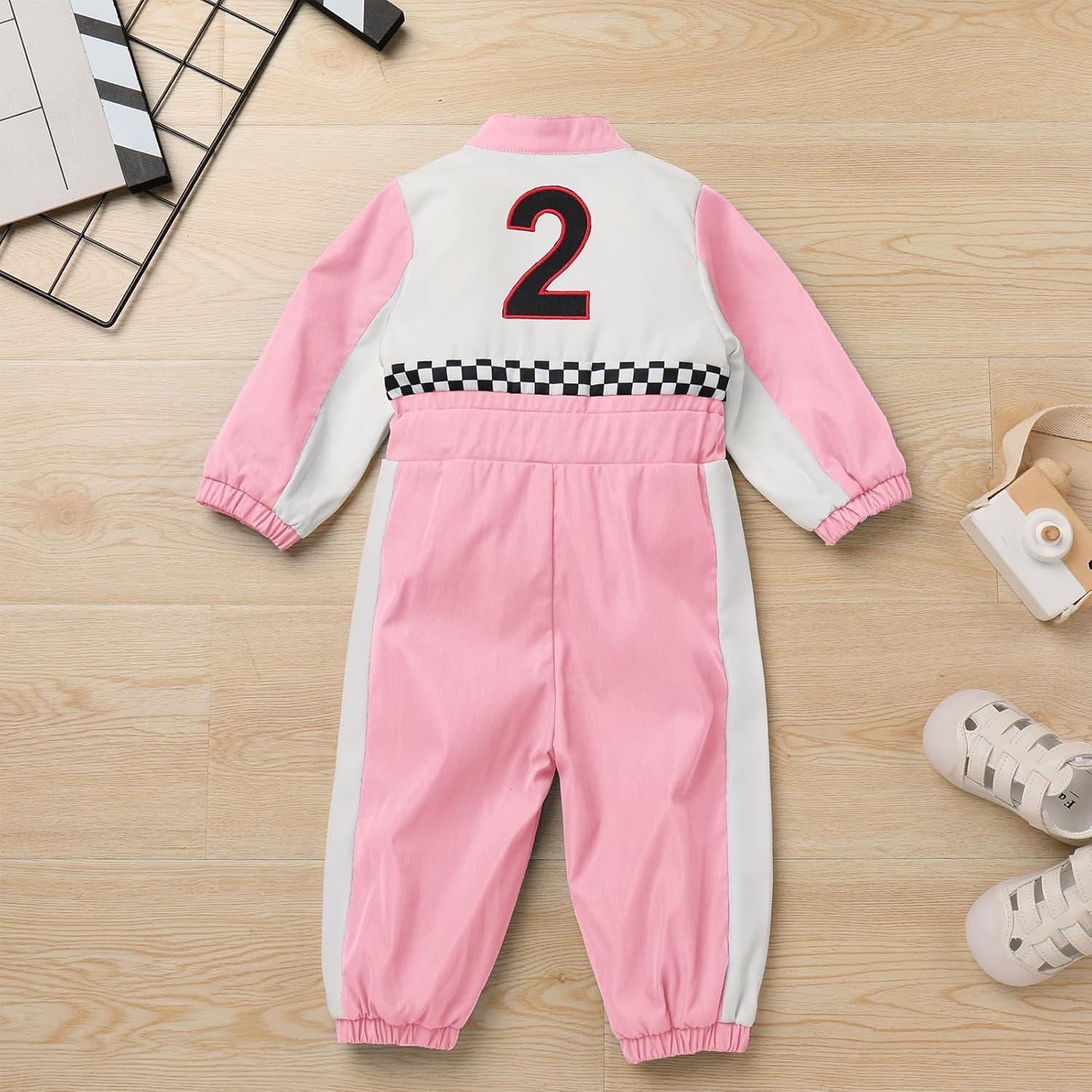 imageIDOPIP Baby Boys 1st 2nd Birthday Outfit Race Car Driver Romper Girls Racer Jumpsuit Kids Racing Suit Toddler Dress up OutfitPink 2