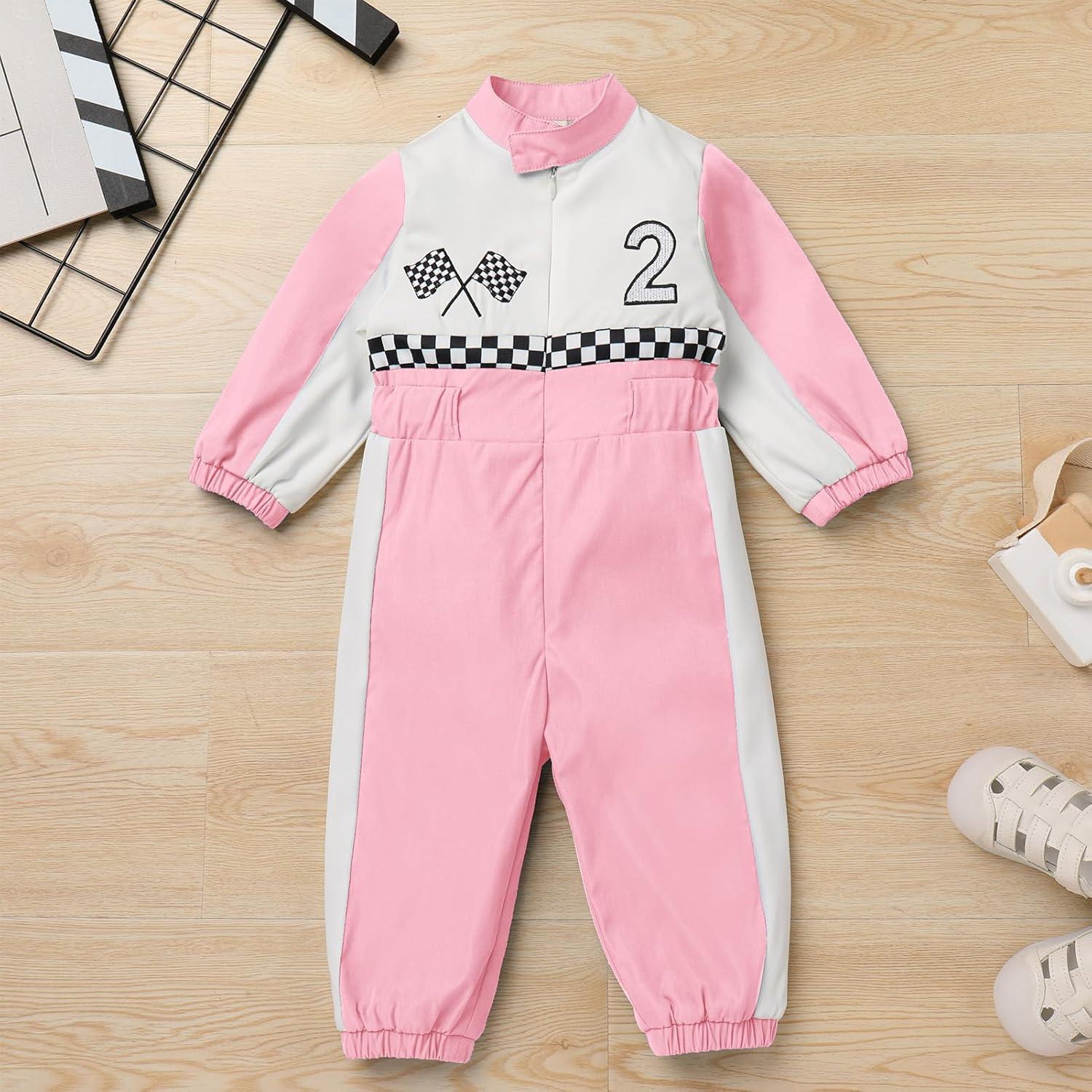 imageIDOPIP Baby Boys 1st 2nd Birthday Outfit Race Car Driver Romper Girls Racer Jumpsuit Kids Racing Suit Toddler Dress up OutfitPink 2