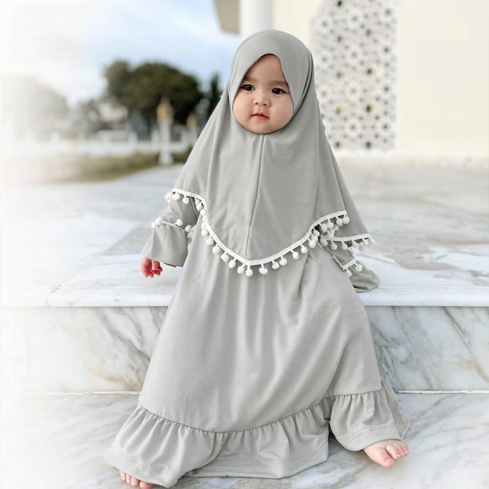 imageIDOPIP Baby Girls Muslim Abayas Dress with Hijab 2PCS Prayer Clothes for Toddler Kids Girl Ramadan Dresses Islamic Dubai RobeGray