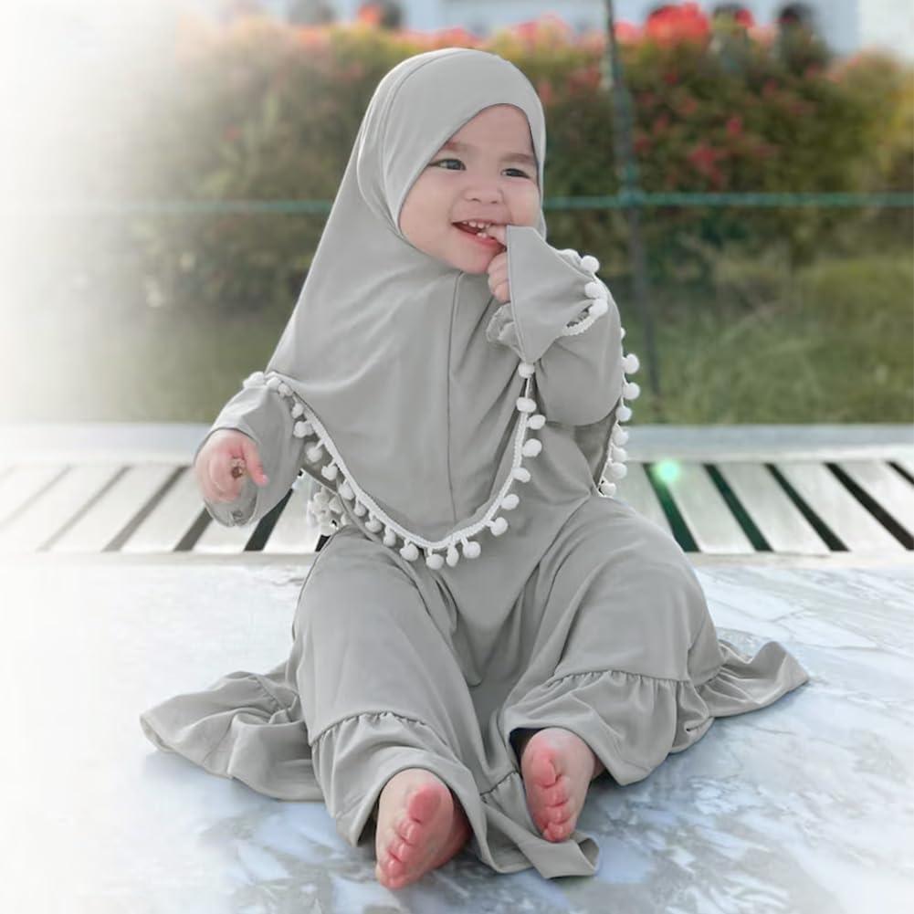 imageIDOPIP Baby Girls Muslim Abayas Dress with Hijab 2PCS Prayer Clothes for Toddler Kids Girl Ramadan Dresses Islamic Dubai RobeGray