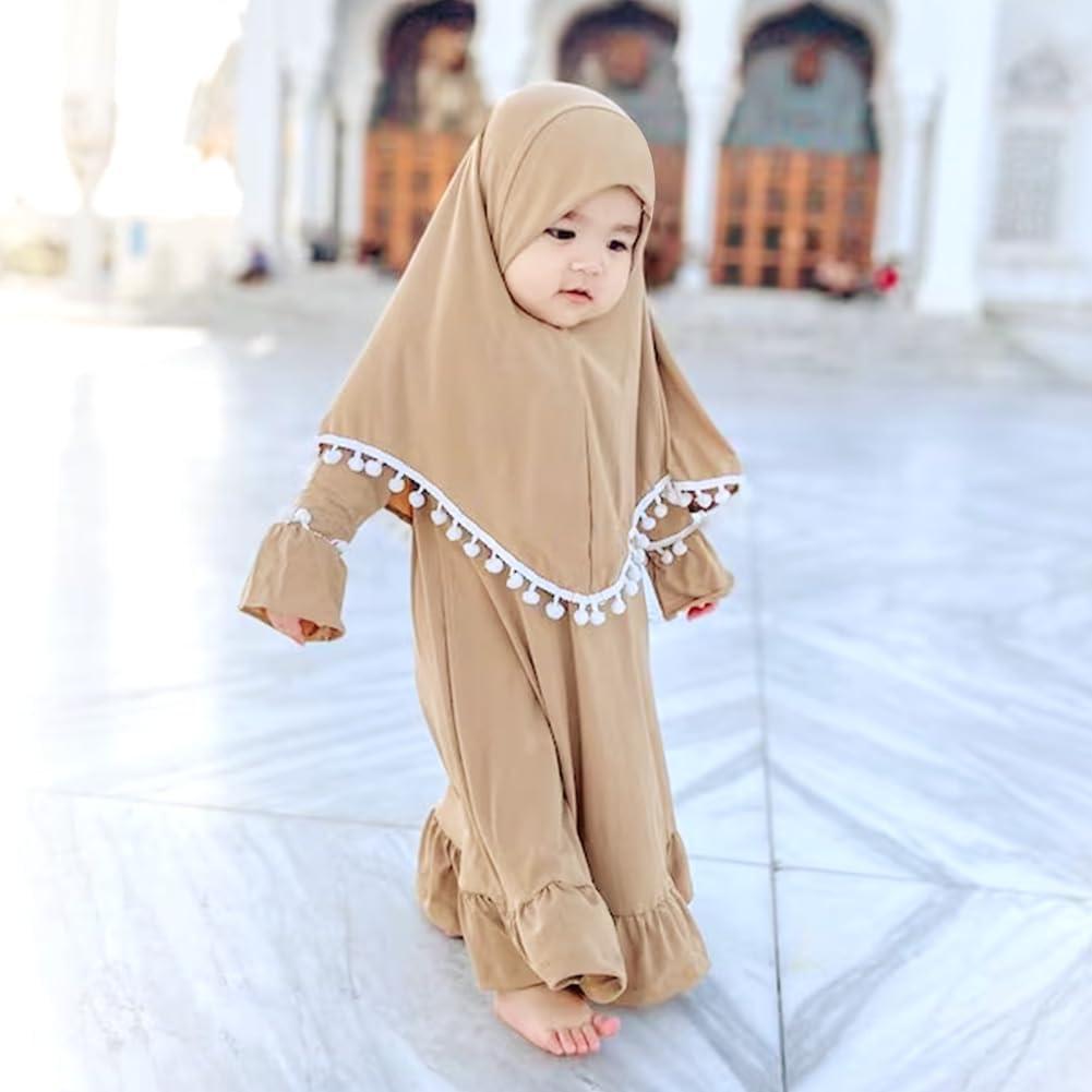 imageIDOPIP Baby Girls Muslim Abayas Dress with Hijab 2PCS Prayer Clothes for Toddler Kids Girl Ramadan Dresses Islamic Dubai RobeKhaki