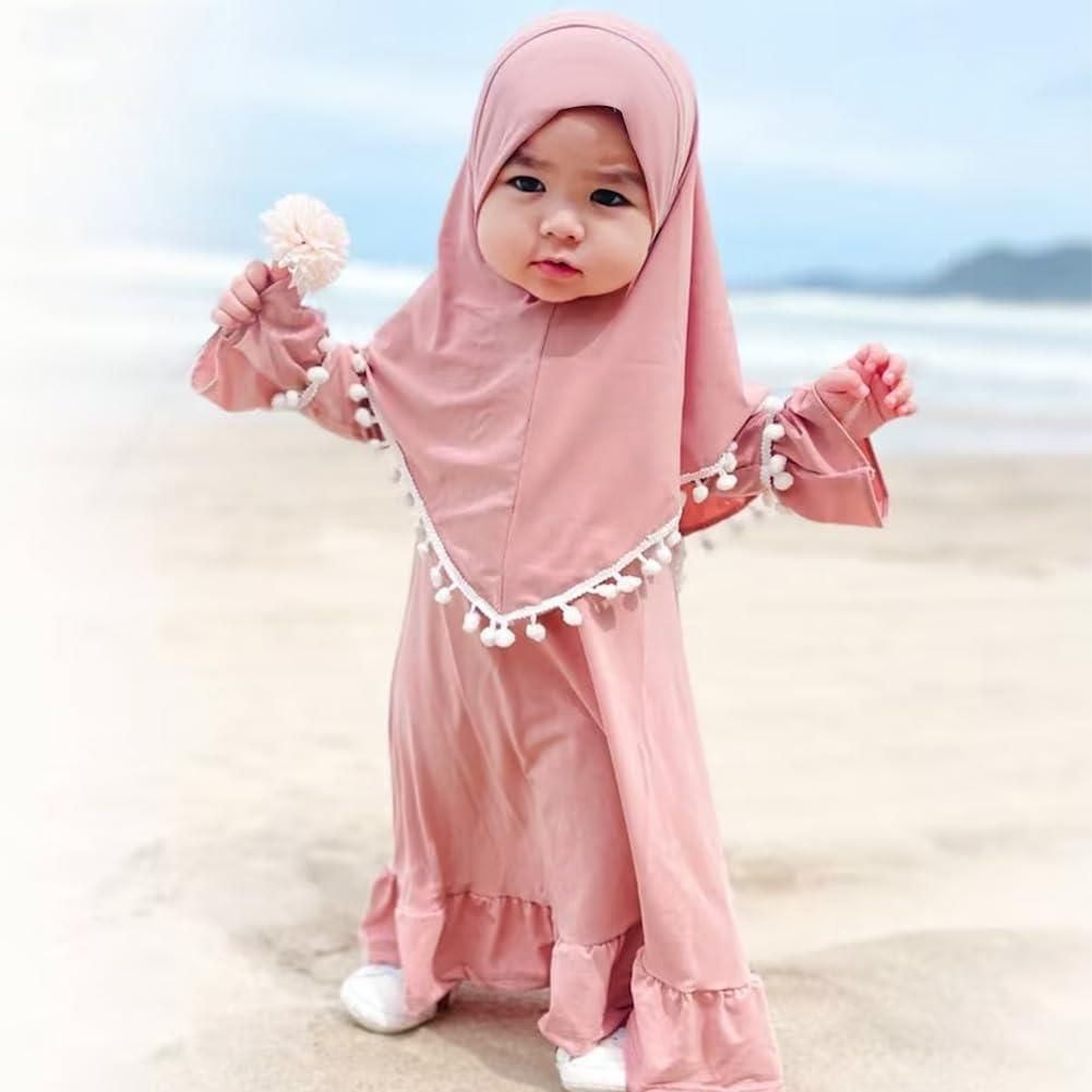 imageIDOPIP Baby Girls Muslim Abayas Dress with Hijab 2PCS Prayer Clothes for Toddler Kids Girl Ramadan Dresses Islamic Dubai RobePink