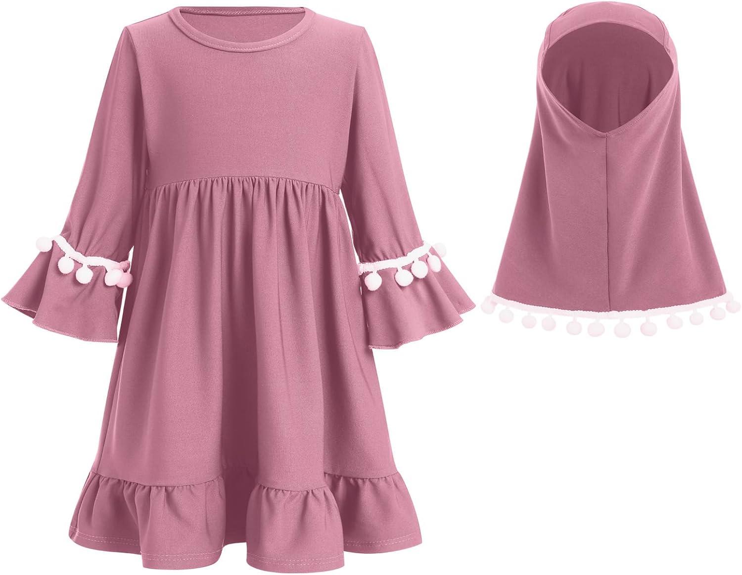 imageIDOPIP Baby Girls Muslim Abayas Dress with Hijab 2PCS Prayer Clothes for Toddler Kids Girl Ramadan Dresses Islamic Dubai RobePurple Pink