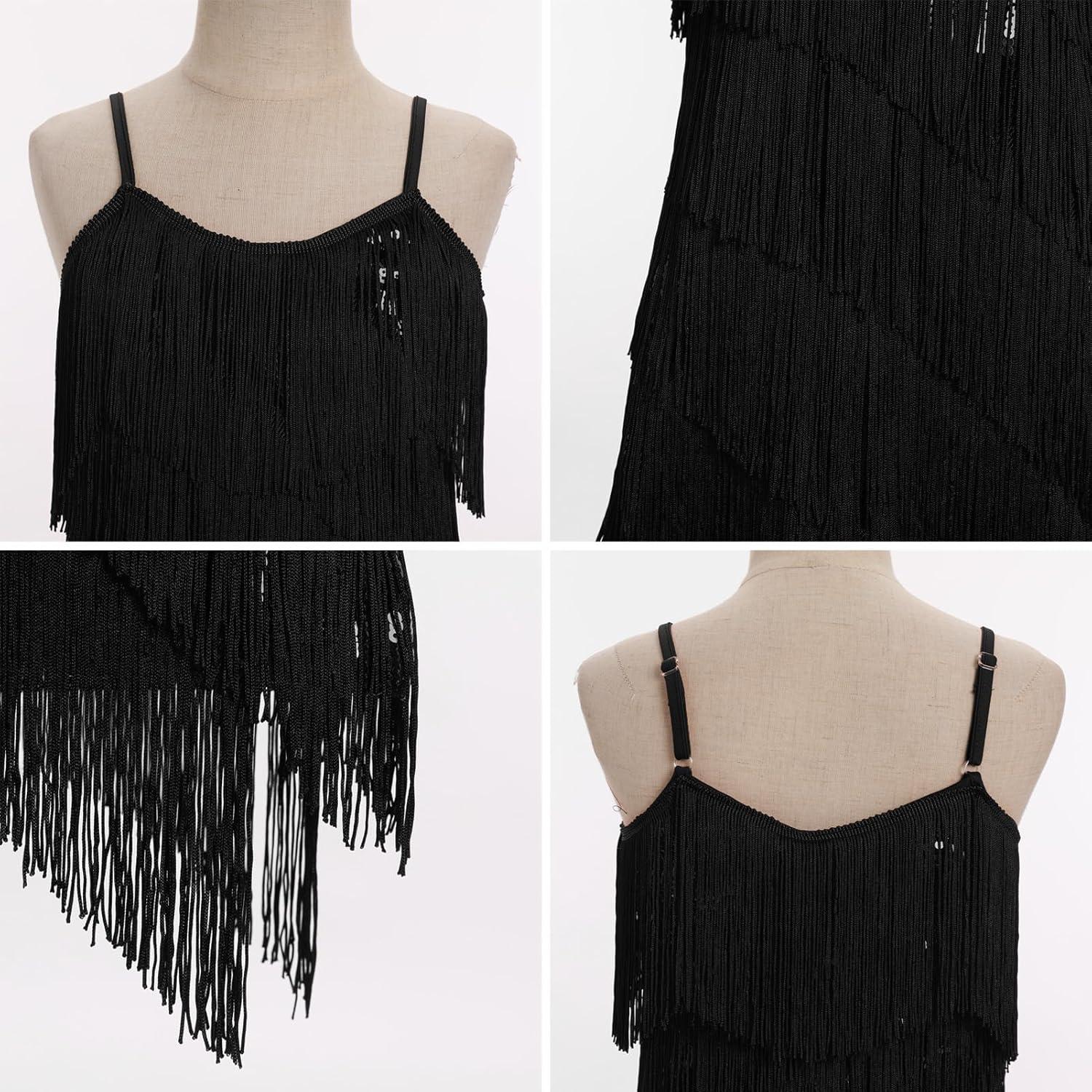 imageIDOPIP Kids Girls 1920s Flapper Dress Tassels Sequins Fringe Latin Dance Dress Gatsby Halloween Party Ballroom Dance CostumesBlack