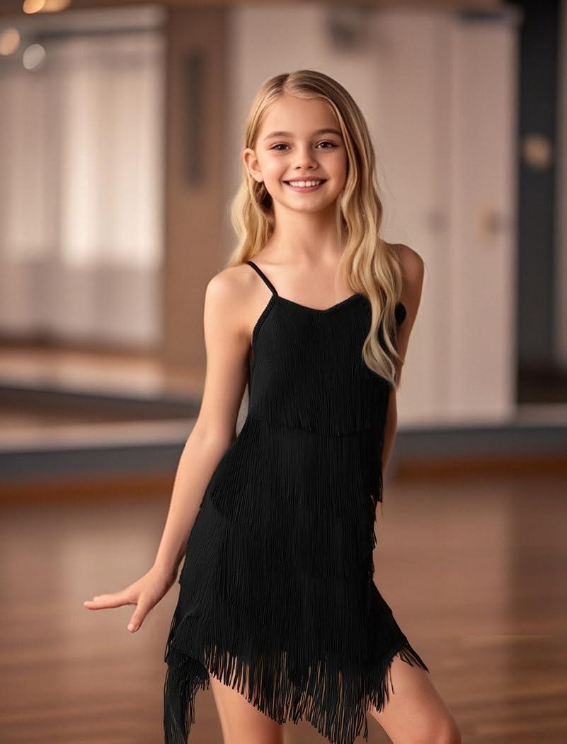 imageIDOPIP Kids Girls 1920s Flapper Dress Tassels Sequins Fringe Latin Dance Dress Gatsby Halloween Party Ballroom Dance CostumesBlack