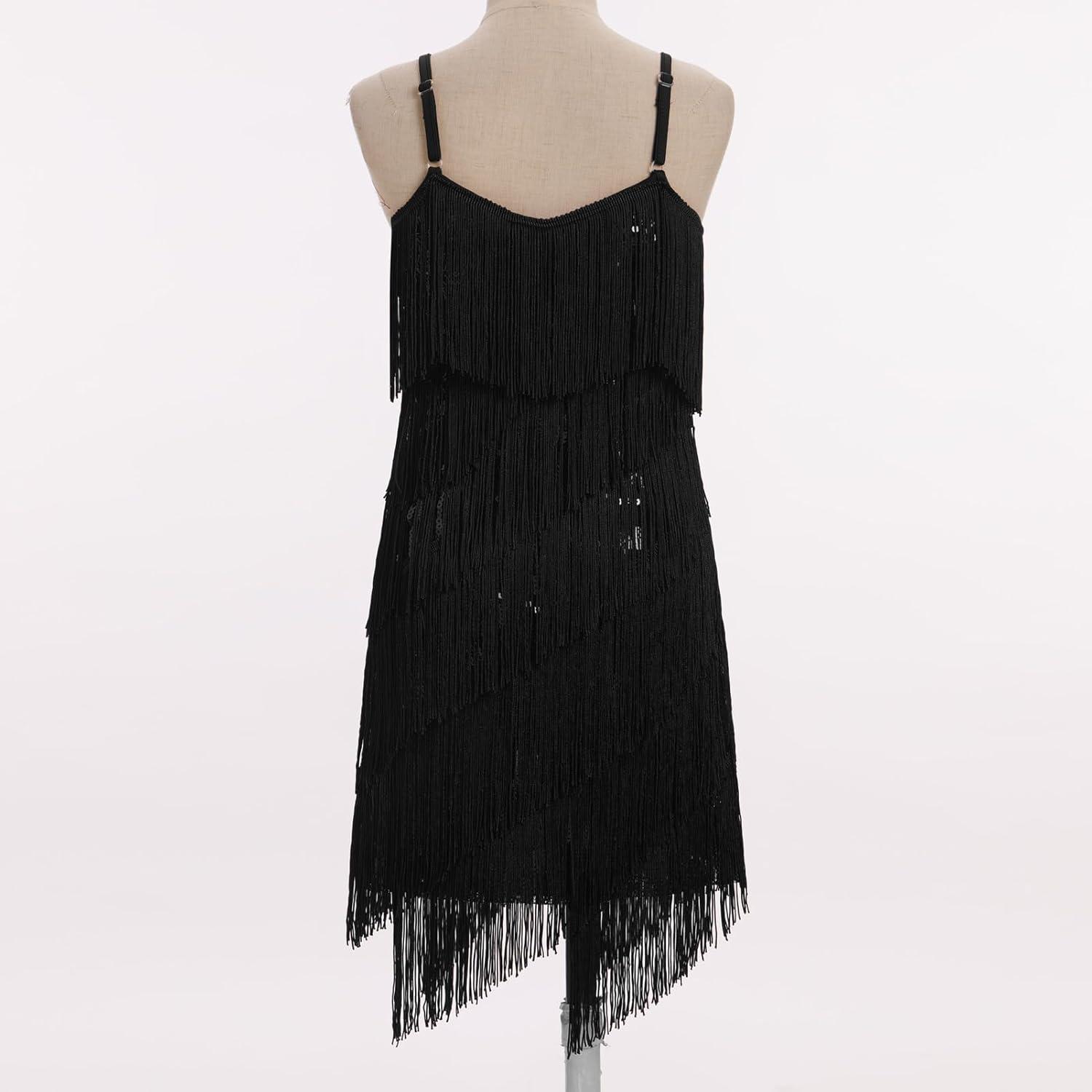 imageIDOPIP Kids Girls 1920s Flapper Dress Tassels Sequins Fringe Latin Dance Dress Gatsby Halloween Party Ballroom Dance CostumesBlack