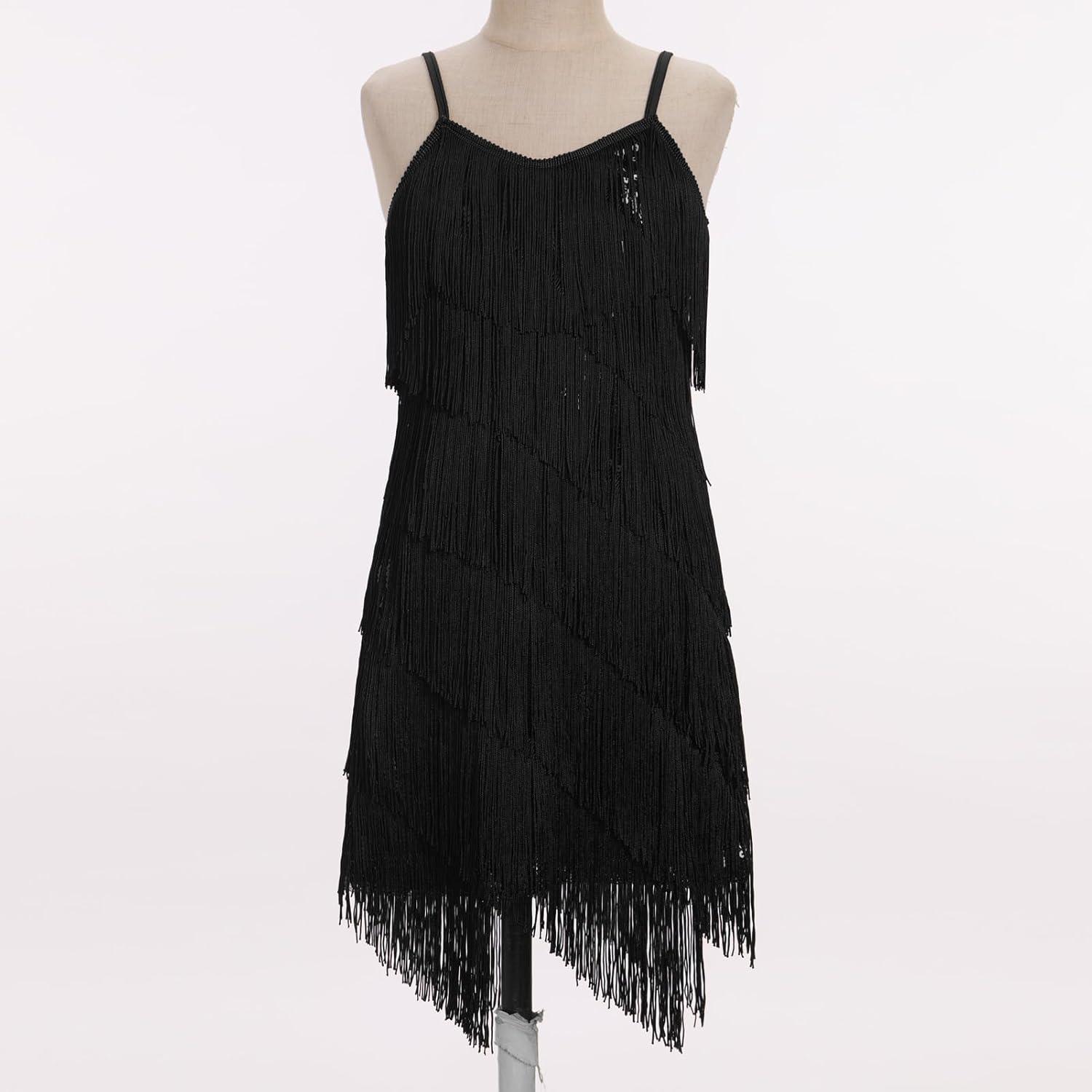 imageIDOPIP Kids Girls 1920s Flapper Dress Tassels Sequins Fringe Latin Dance Dress Gatsby Halloween Party Ballroom Dance CostumesBlack
