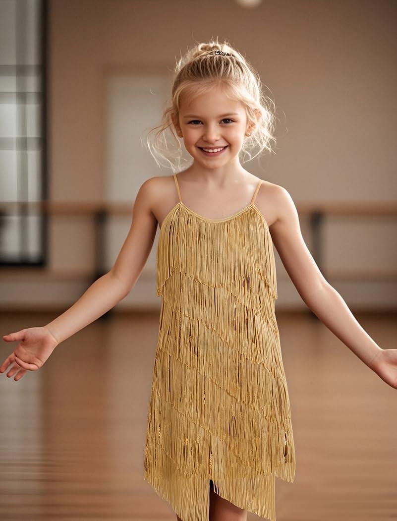 imageIDOPIP Kids Girls 1920s Flapper Dress Tassels Sequins Fringe Latin Dance Dress Gatsby Halloween Party Ballroom Dance CostumesGold