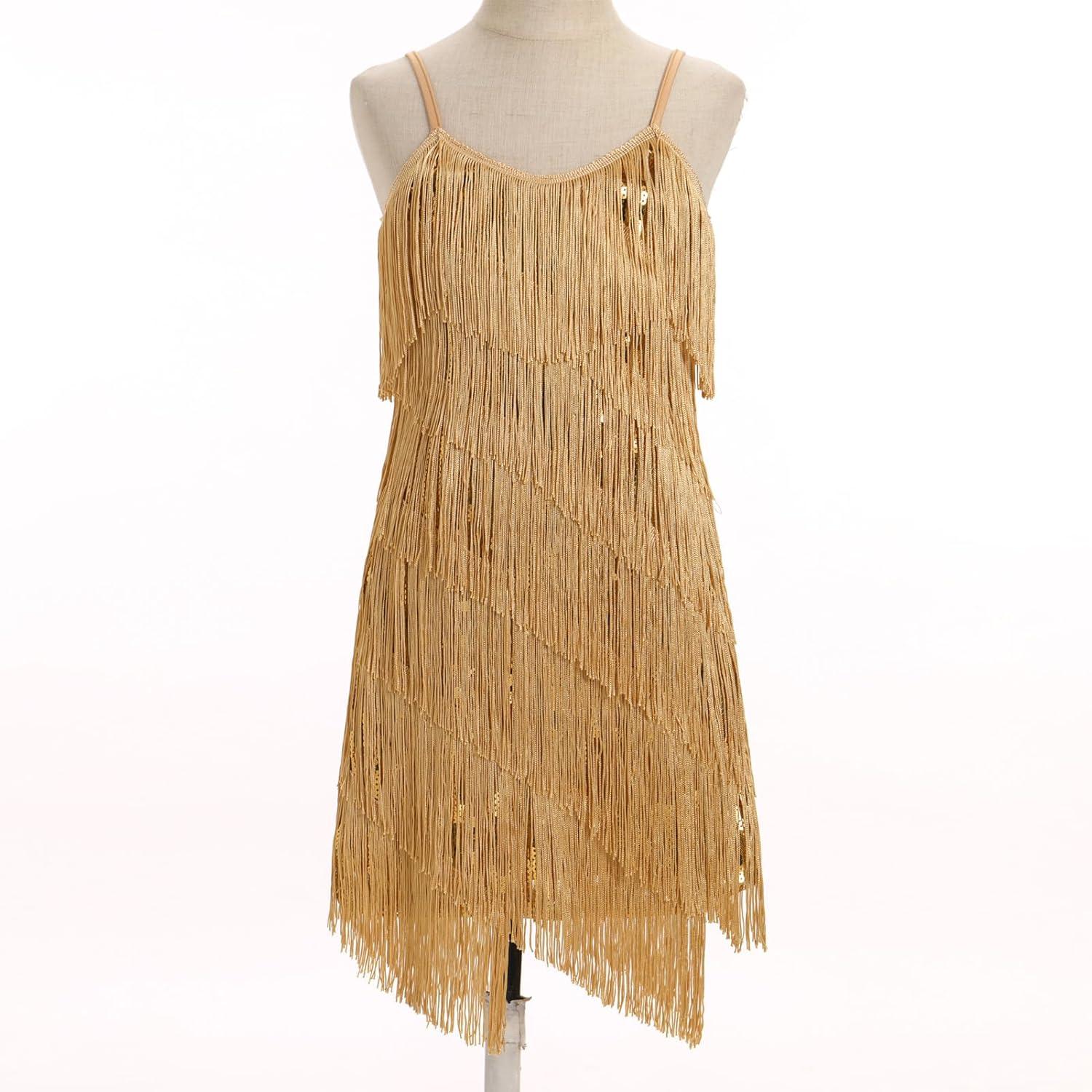 imageIDOPIP Kids Girls 1920s Flapper Dress Tassels Sequins Fringe Latin Dance Dress Gatsby Halloween Party Ballroom Dance CostumesGold