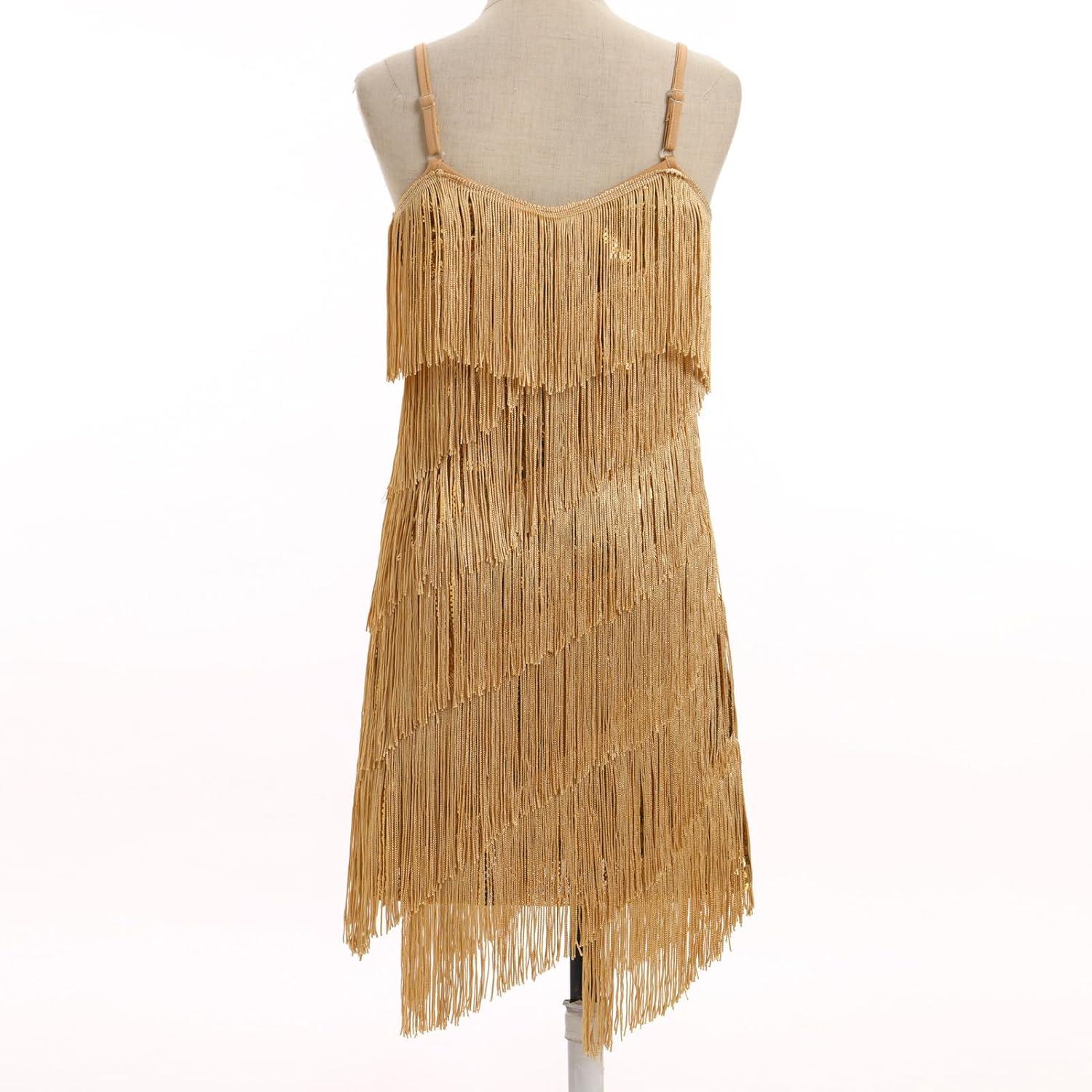 imageIDOPIP Kids Girls 1920s Flapper Dress Tassels Sequins Fringe Latin Dance Dress Gatsby Halloween Party Ballroom Dance CostumesGold