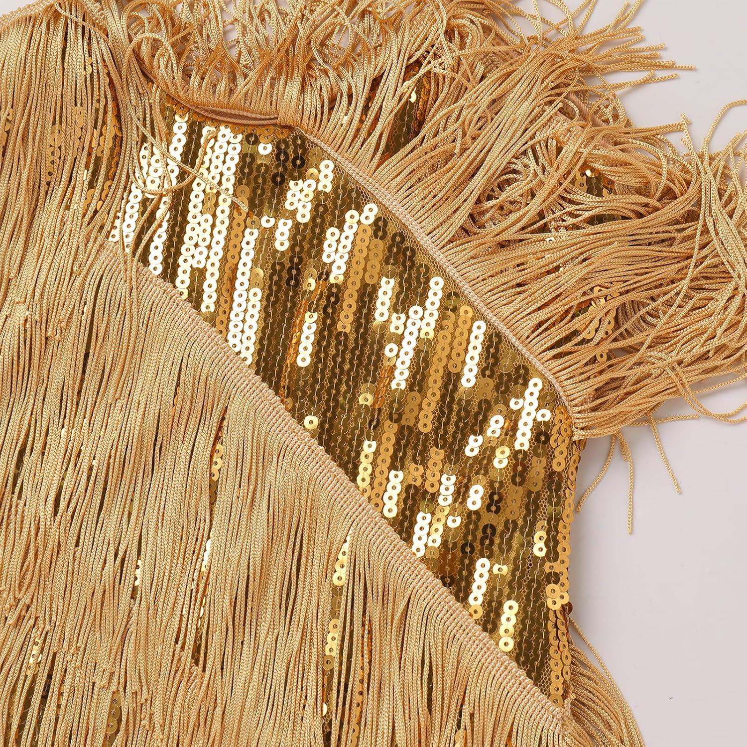 imageIDOPIP Kids Girls 1920s Flapper Dress Tassels Sequins Fringe Latin Dance Dress Gatsby Halloween Party Ballroom Dance CostumesGold