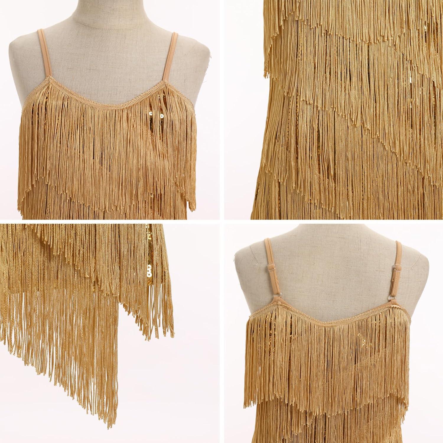 imageIDOPIP Kids Girls 1920s Flapper Dress Tassels Sequins Fringe Latin Dance Dress Gatsby Halloween Party Ballroom Dance CostumesGold