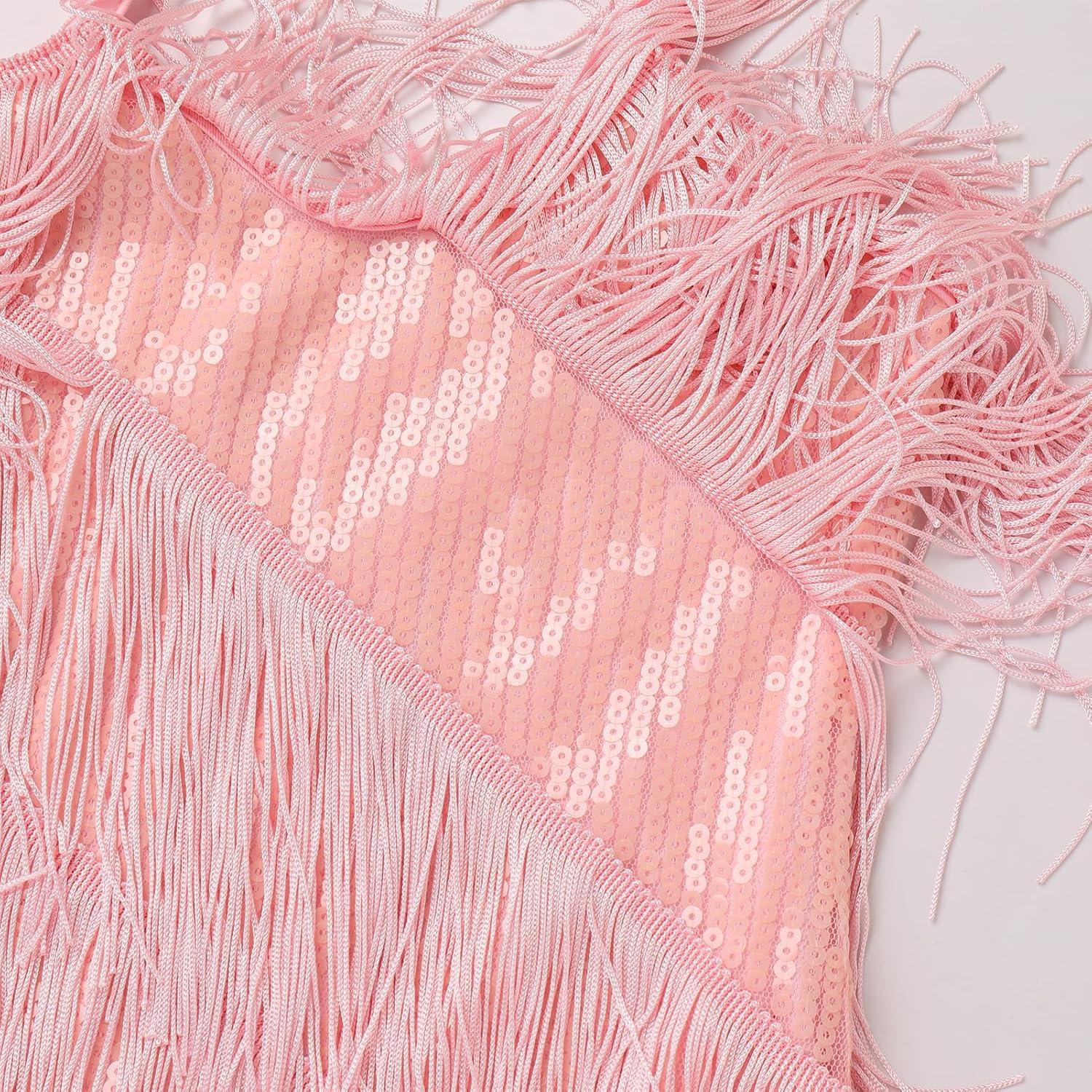 imageIDOPIP Kids Girls 1920s Flapper Dress Tassels Sequins Fringe Latin Dance Dress Gatsby Halloween Party Ballroom Dance CostumesPink