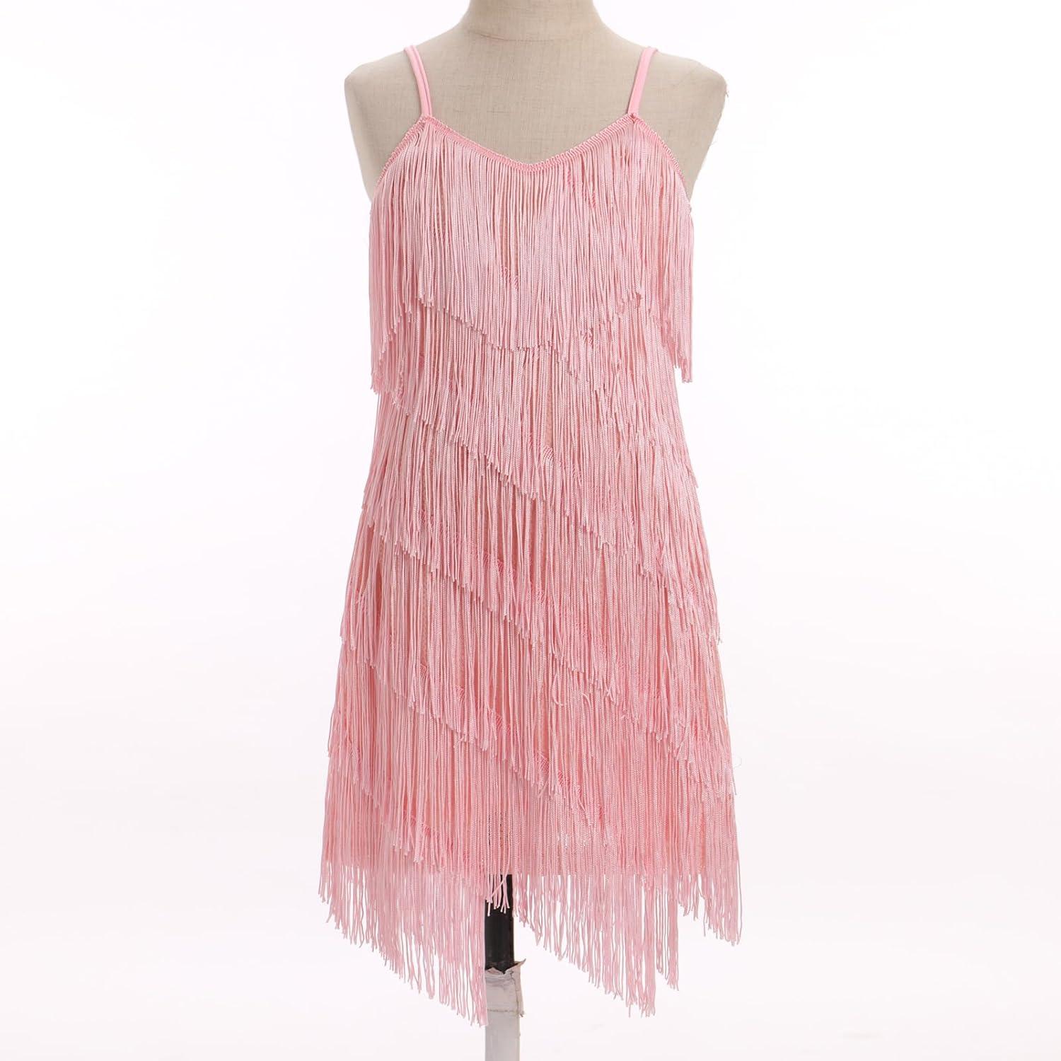 imageIDOPIP Kids Girls 1920s Flapper Dress Tassels Sequins Fringe Latin Dance Dress Gatsby Halloween Party Ballroom Dance CostumesPink