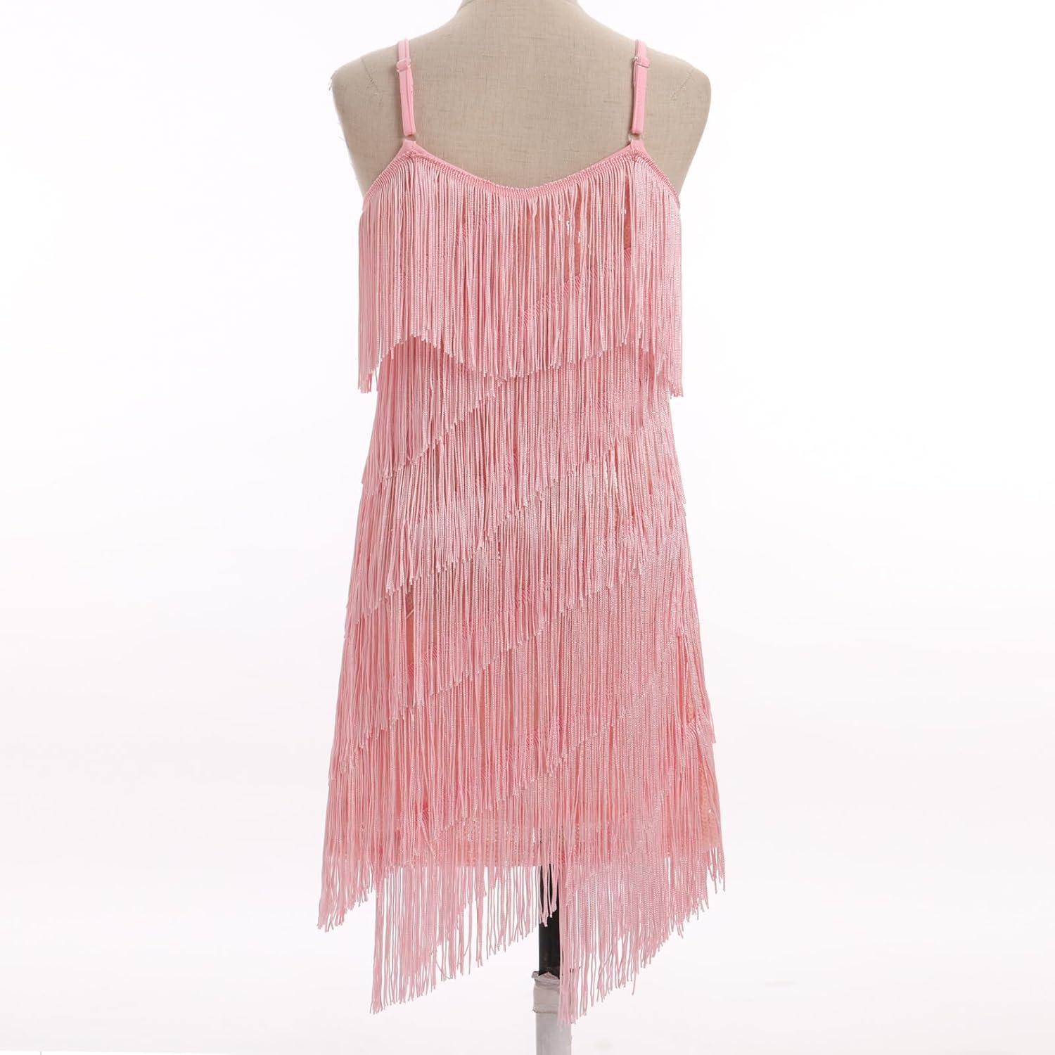 imageIDOPIP Kids Girls 1920s Flapper Dress Tassels Sequins Fringe Latin Dance Dress Gatsby Halloween Party Ballroom Dance CostumesPink