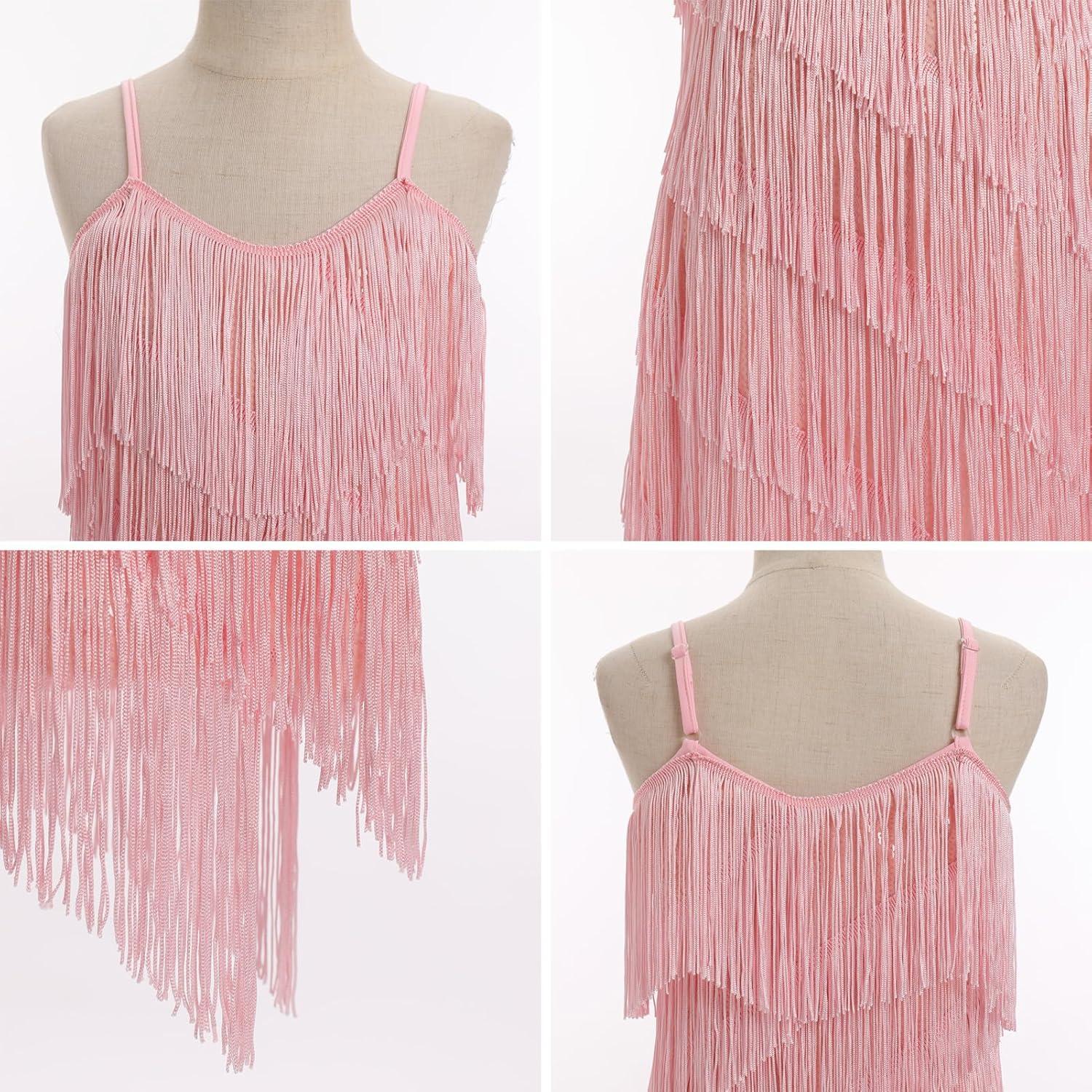 imageIDOPIP Kids Girls 1920s Flapper Dress Tassels Sequins Fringe Latin Dance Dress Gatsby Halloween Party Ballroom Dance CostumesPink