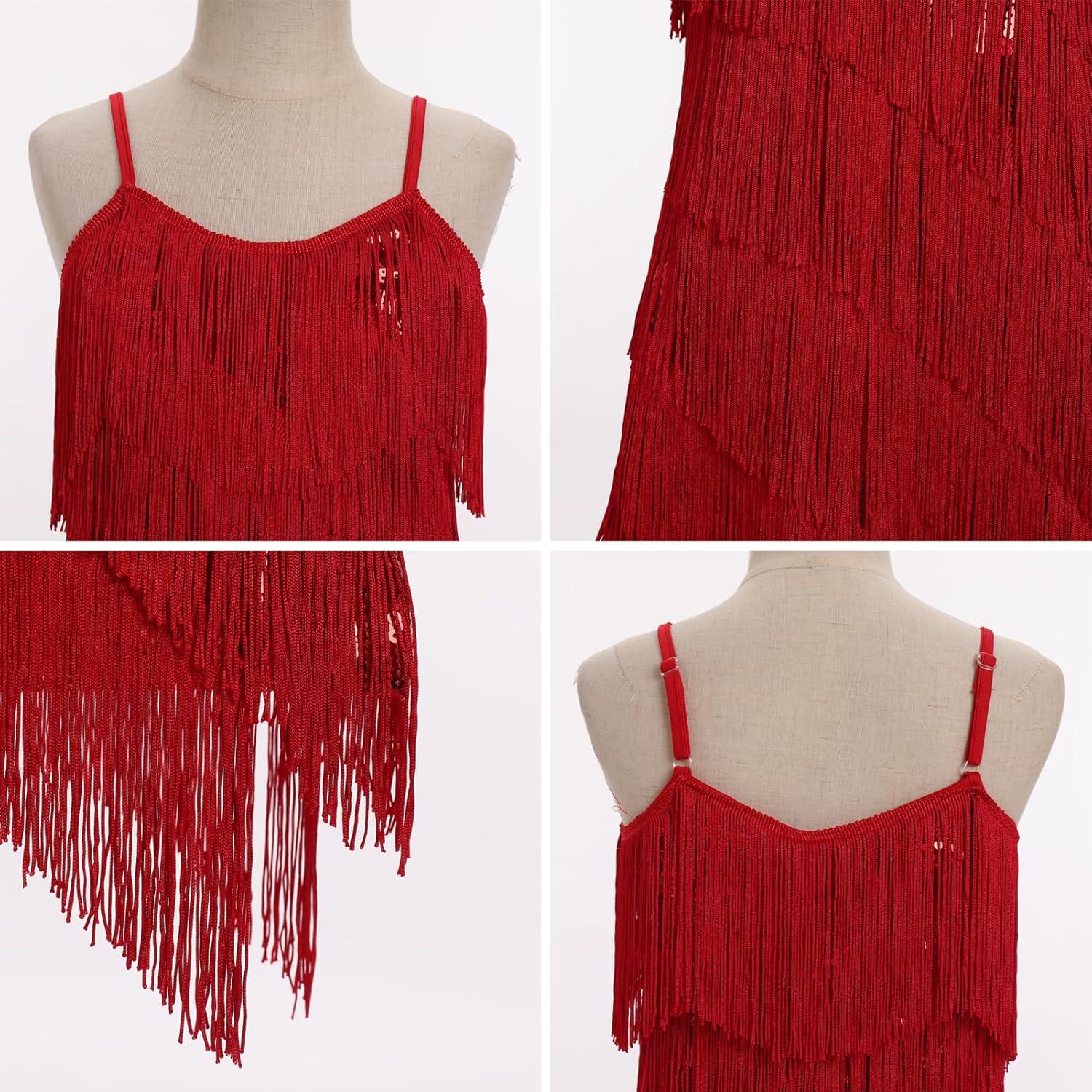 imageIDOPIP Kids Girls 1920s Flapper Dress Tassels Sequins Fringe Latin Dance Dress Gatsby Halloween Party Ballroom Dance CostumesRed