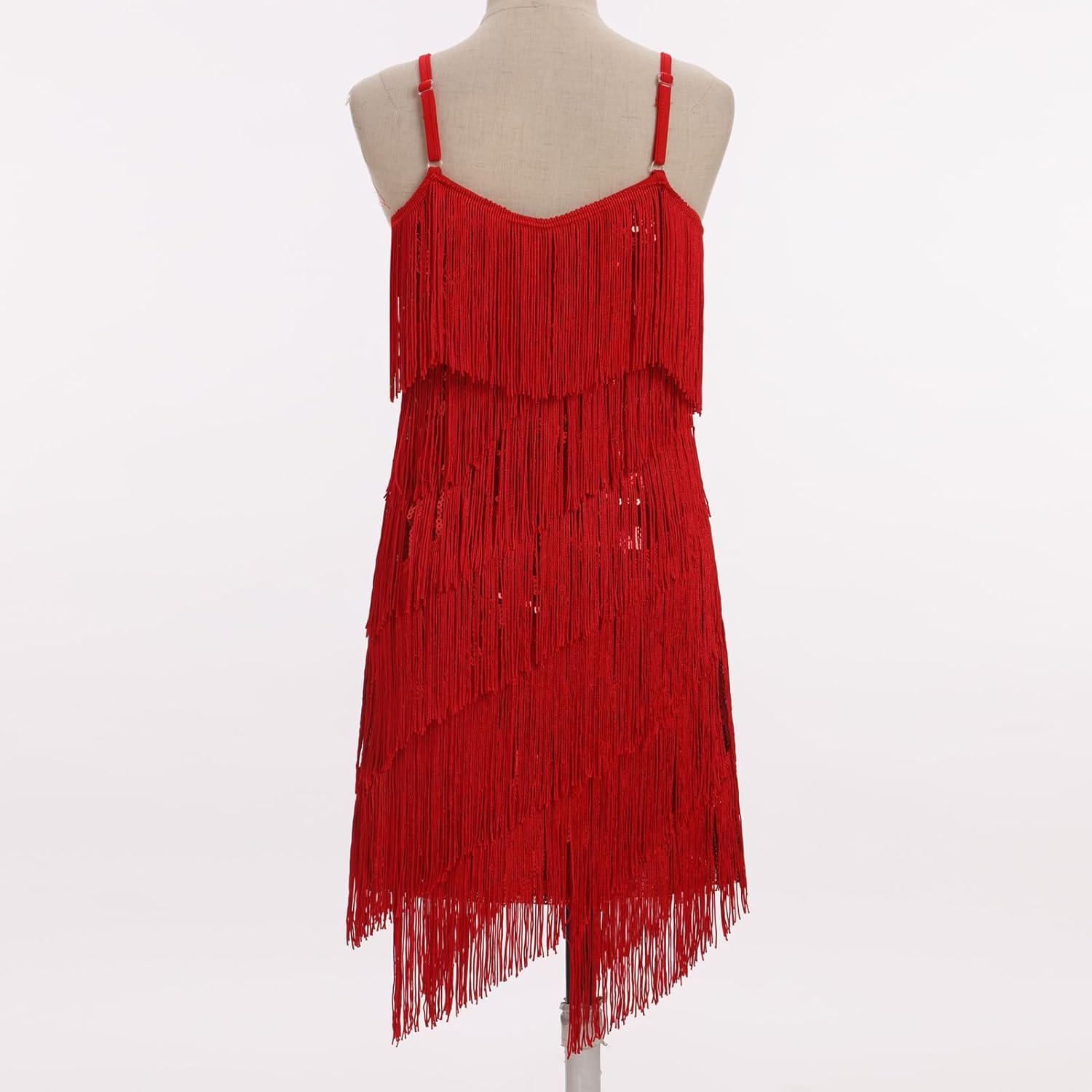 imageIDOPIP Kids Girls 1920s Flapper Dress Tassels Sequins Fringe Latin Dance Dress Gatsby Halloween Party Ballroom Dance CostumesRed