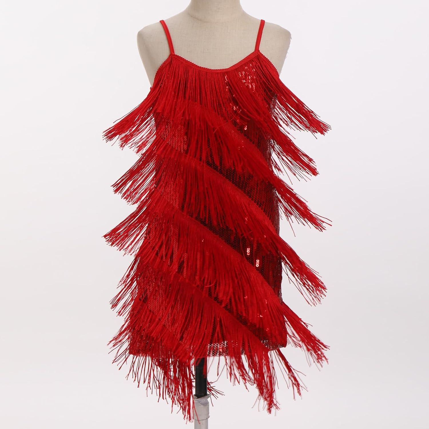 imageIDOPIP Kids Girls 1920s Flapper Dress Tassels Sequins Fringe Latin Dance Dress Gatsby Halloween Party Ballroom Dance CostumesRed