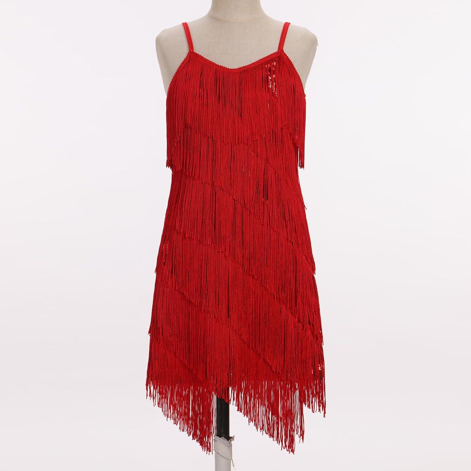 imageIDOPIP Kids Girls 1920s Flapper Dress Tassels Sequins Fringe Latin Dance Dress Gatsby Halloween Party Ballroom Dance CostumesRed
