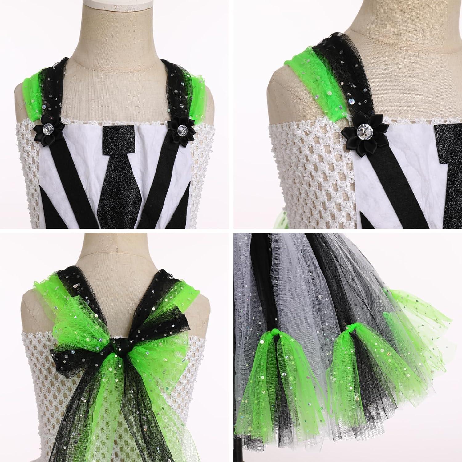 imageIDOPIP Kids Girls Halloween Costume Black and White Striped Costume Suit Clown Tutu Dress Headband Outfits for Photo ShootBlack  Green