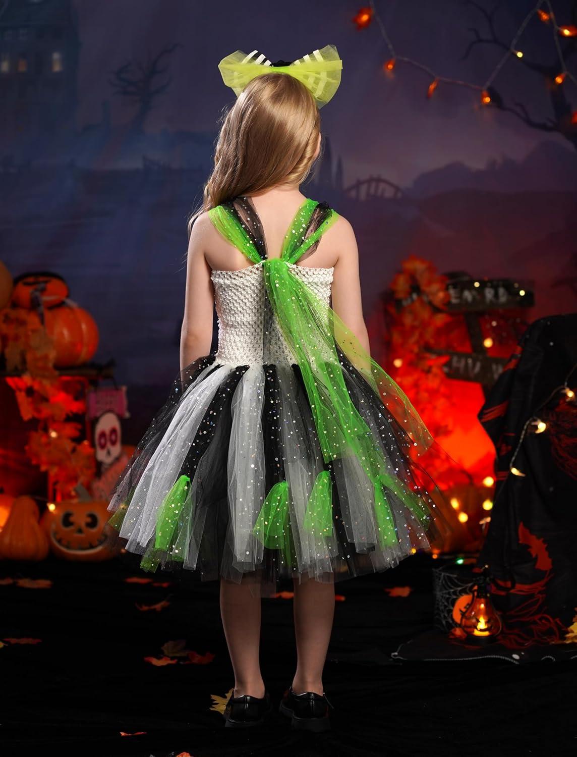 imageIDOPIP Kids Girls Halloween Costume Black and White Striped Costume Suit Clown Tutu Dress Headband Outfits for Photo ShootBlack  Green