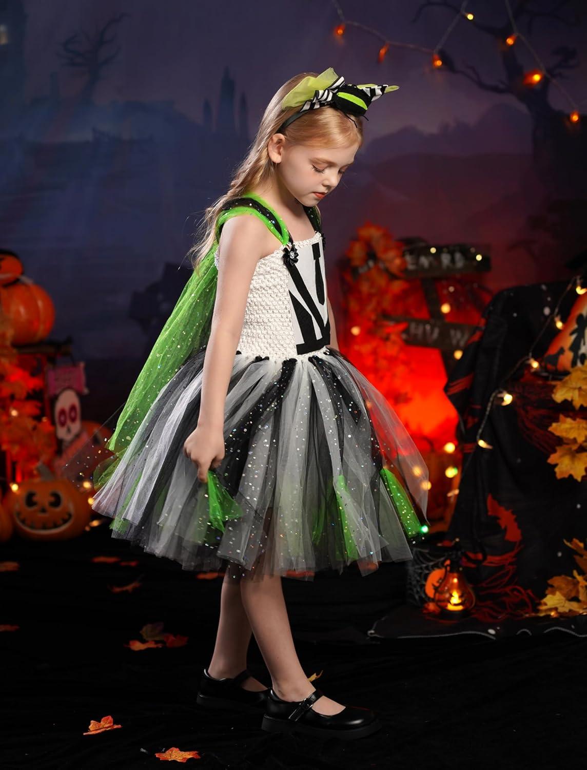 imageIDOPIP Kids Girls Halloween Costume Black and White Striped Costume Suit Clown Tutu Dress Headband Outfits for Photo ShootBlack  Green