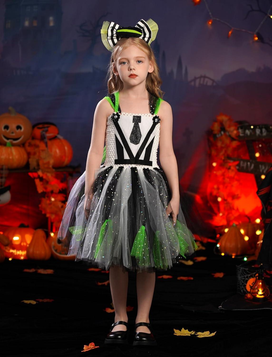 imageIDOPIP Kids Girls Halloween Costume Black and White Striped Costume Suit Clown Tutu Dress Headband Outfits for Photo ShootBlack  Green