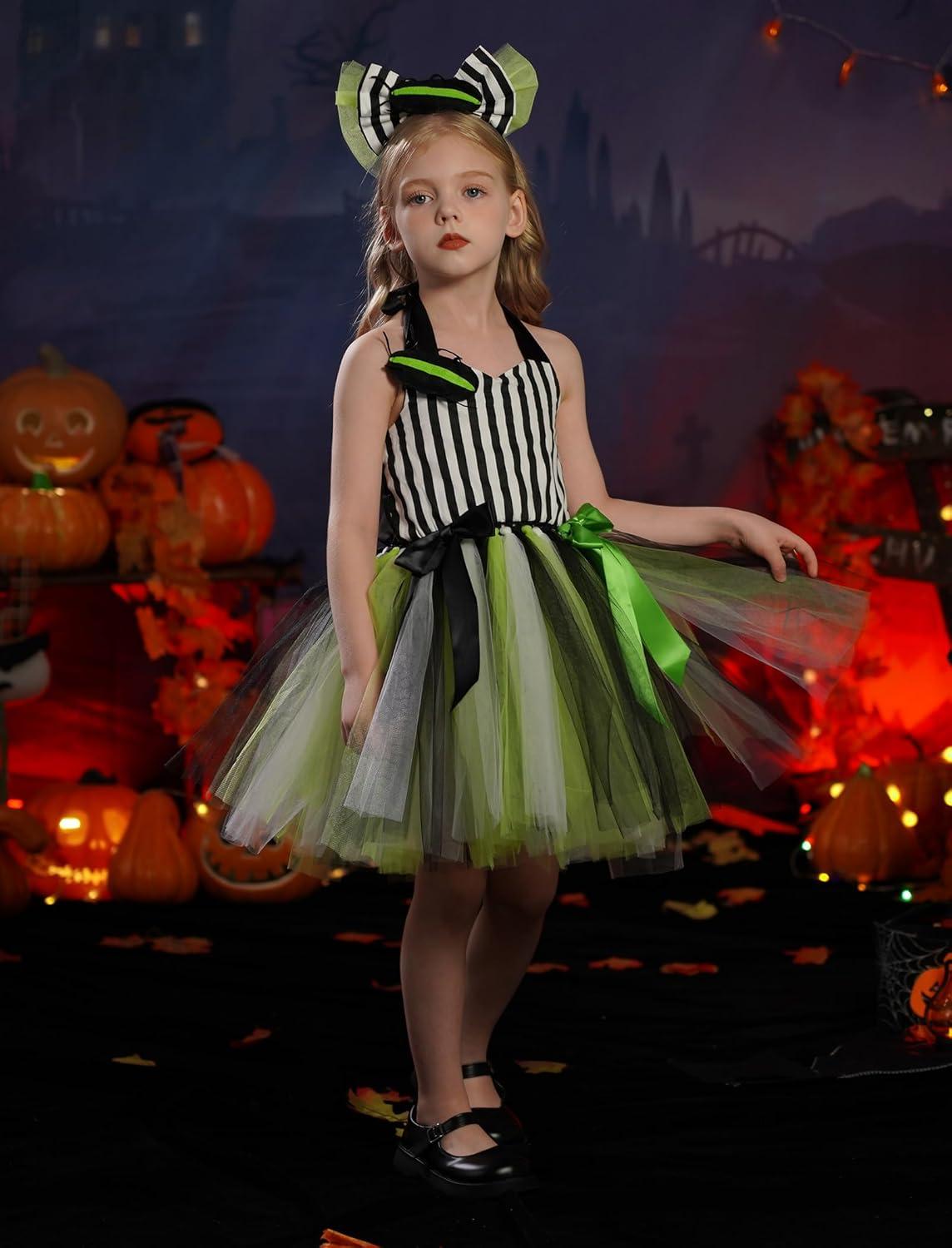 imageIDOPIP Kids Girls Halloween Costume Black and White Striped Costume Suit Clown Tutu Dress Headband Outfits for Photo ShootBlack  White