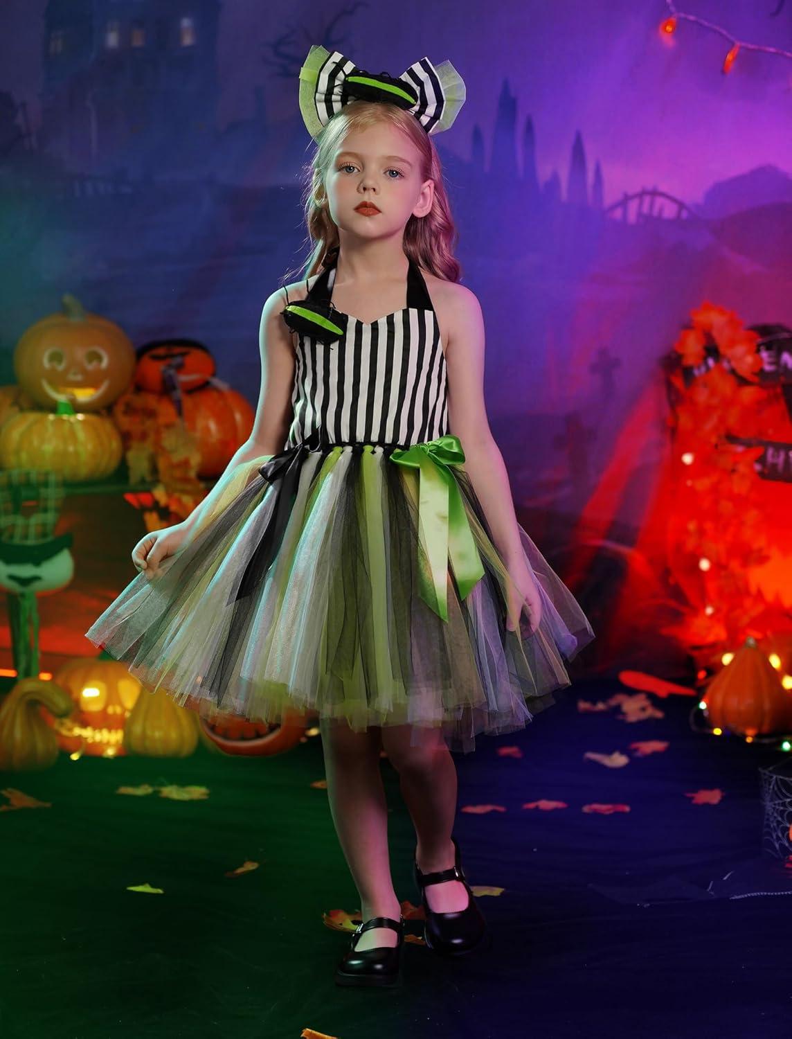 imageIDOPIP Kids Girls Halloween Costume Black and White Striped Costume Suit Clown Tutu Dress Headband Outfits for Photo ShootBlack  White