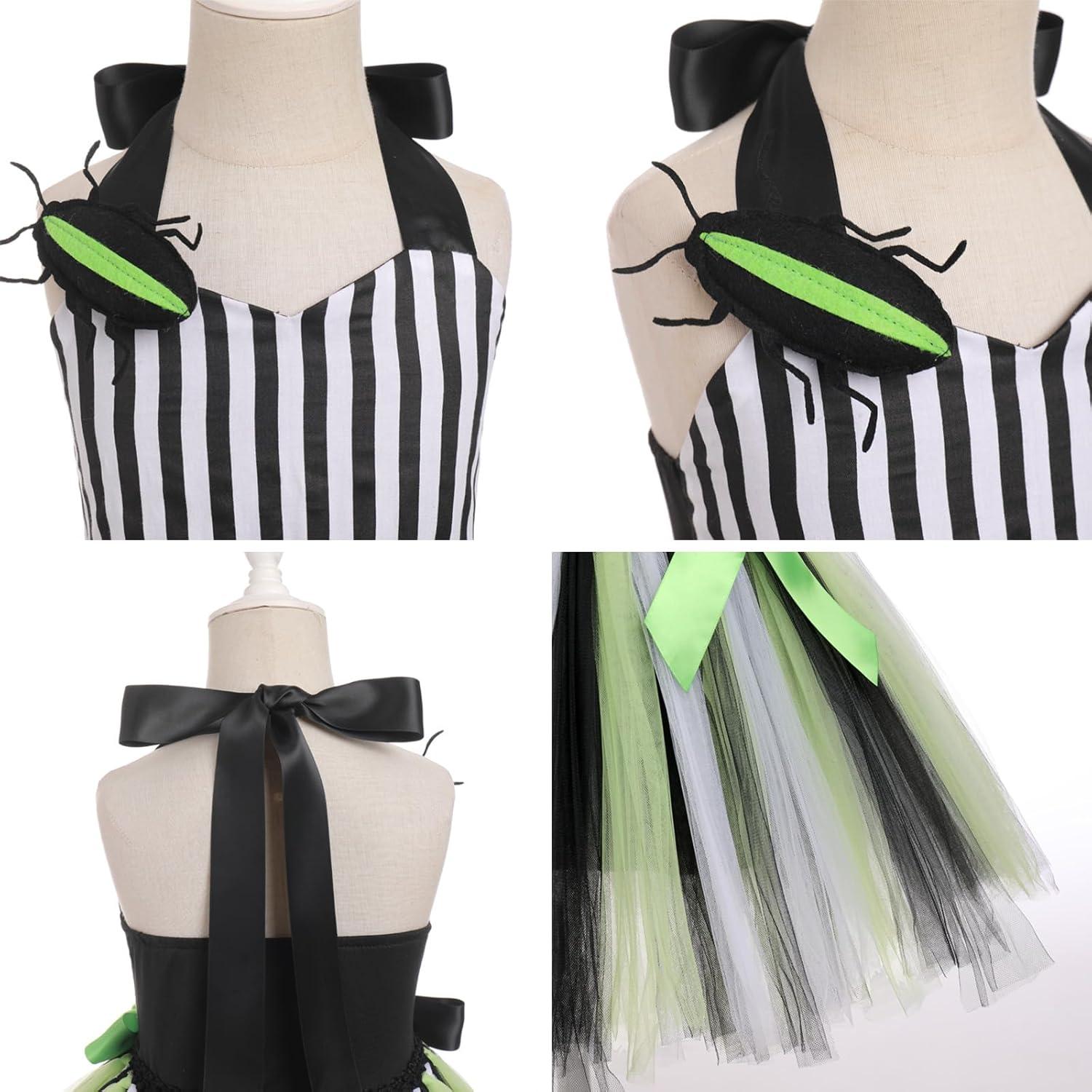 imageIDOPIP Kids Girls Halloween Costume Black and White Striped Costume Suit Clown Tutu Dress Headband Outfits for Photo ShootBlack  White